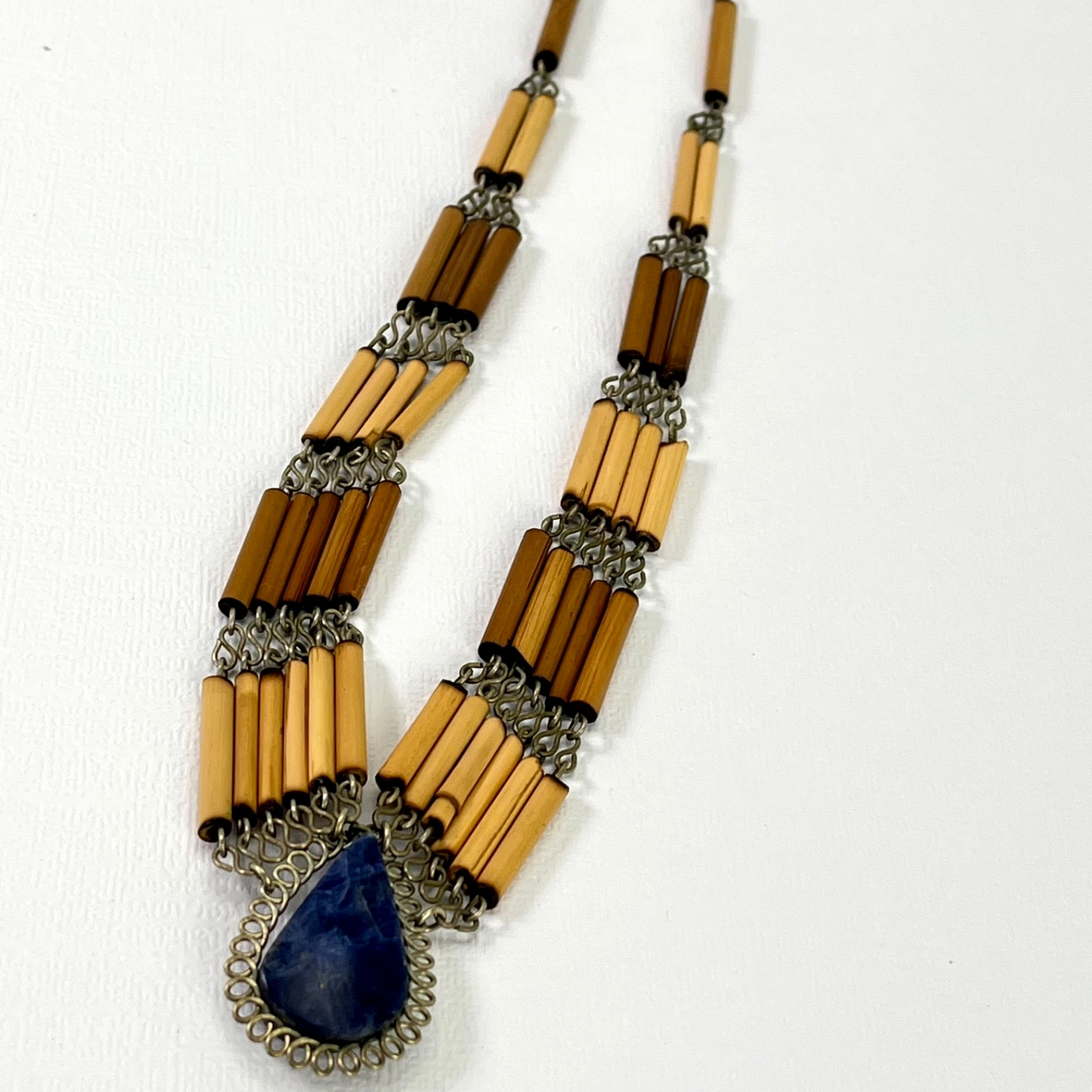 Vintage Boho Necklace Blue Stone Pendant Bamboo Bead Bib Statement 16”