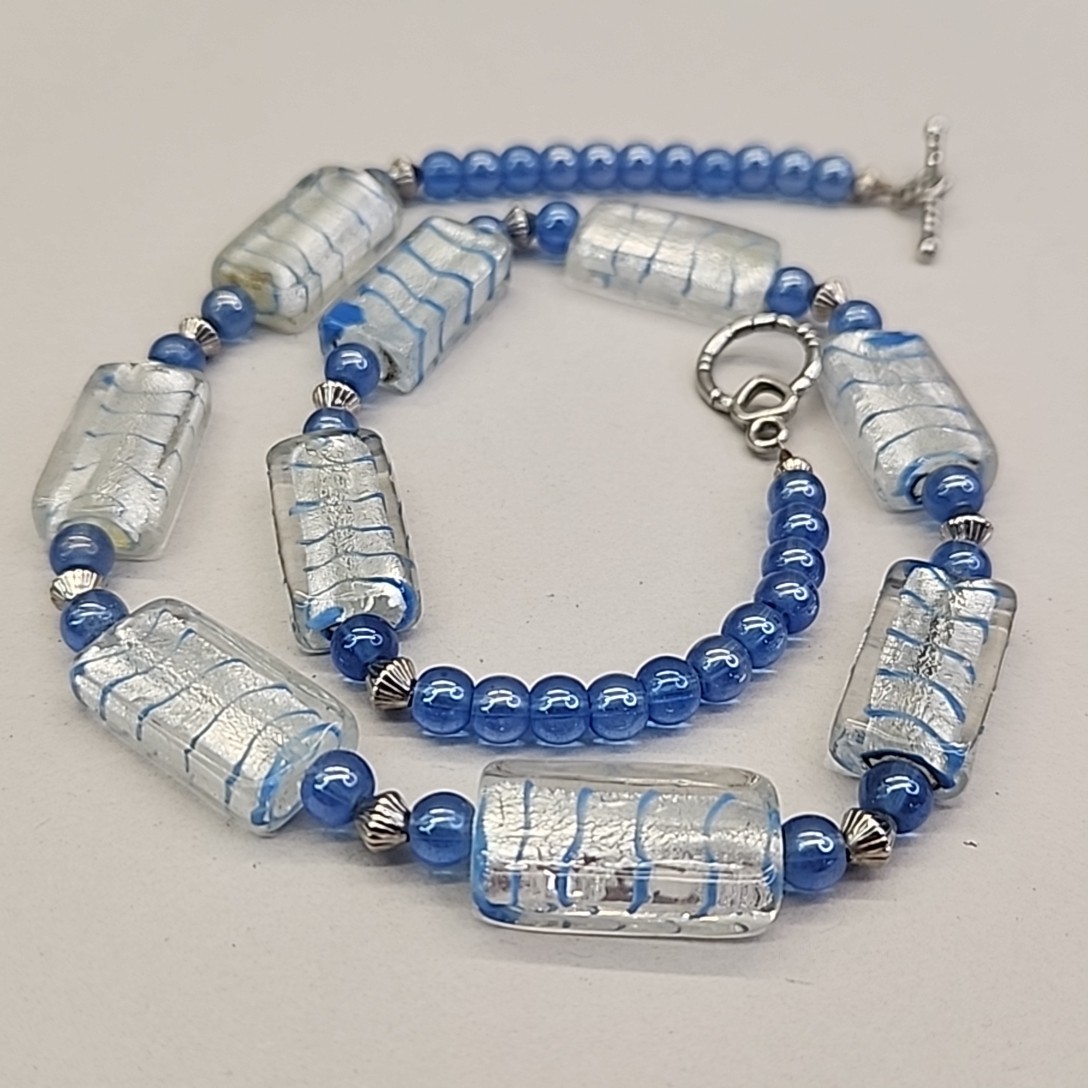 Vintage Glass Beaded Necklace Blue Striped Silver Foil Toggle 19″