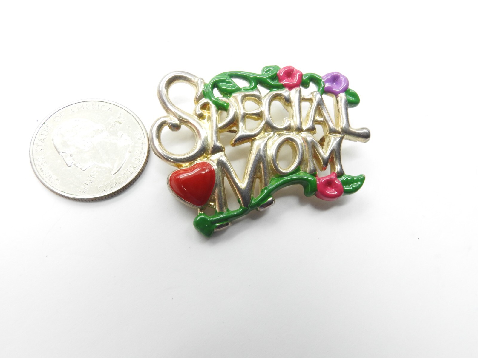Signed BEST Purple Pink Red Green Enamel Flower Heart Special MOM Brooch Vintage