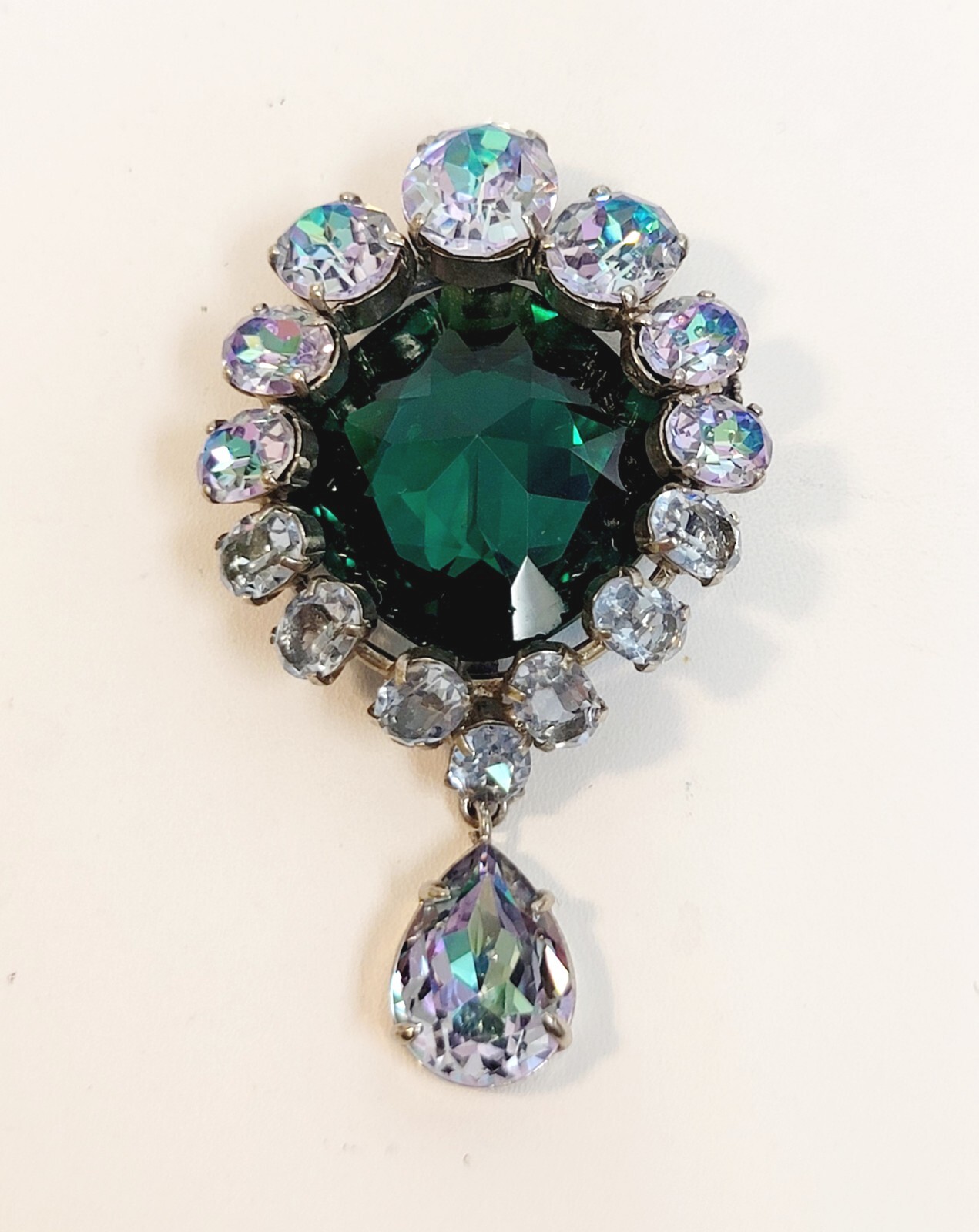 RJP Or CIS French Brooch Green Lavender Rhinestone Dangle Trombone Clasp