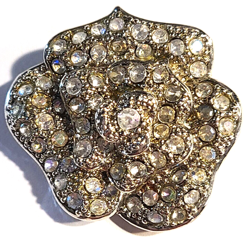 VINTAGE STUNNING AURORA BOREALIS CLEAR CRYSTAL ROSE FLORAL PIN BROOCH