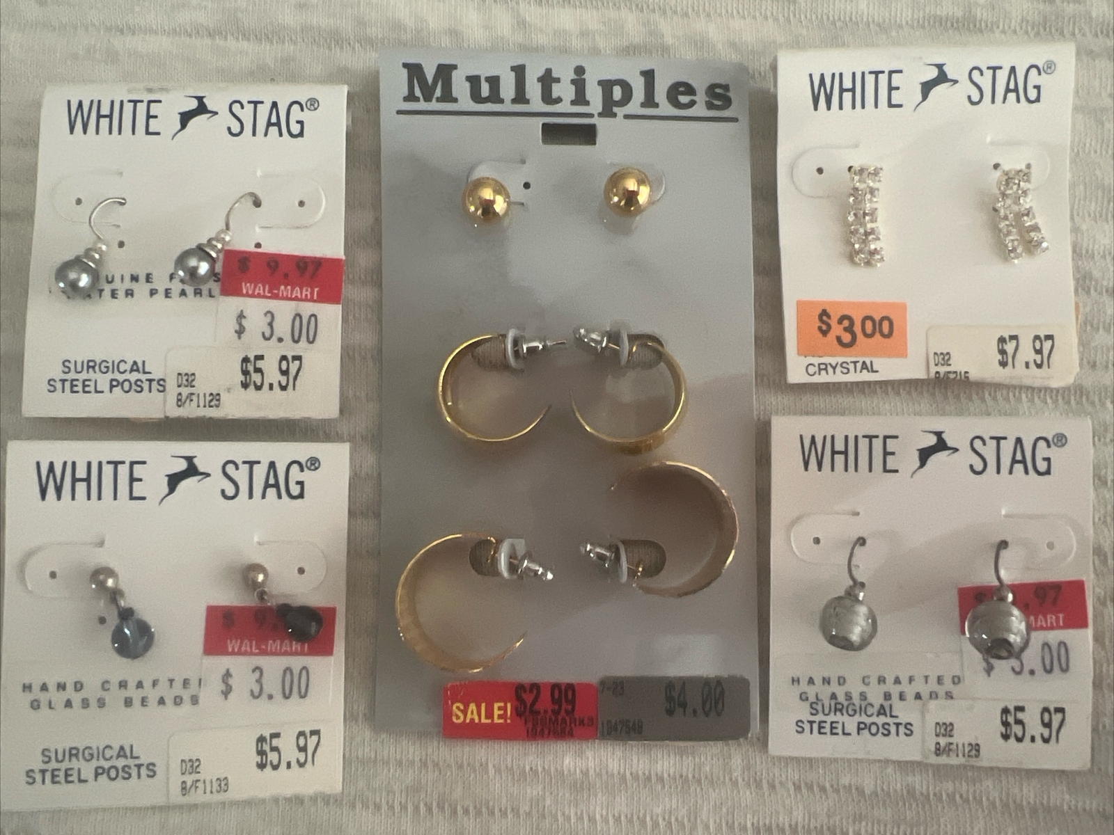 Vintage 90s White stag Earring Lot Wal-mart Pearl Crystal Glass Lot Of 5 ..