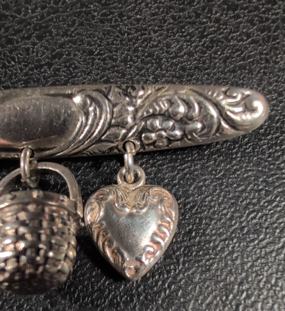 Bar Brooch Flowers &Scroll Design – Hearts and Basket Dangles – Sterling – Vtg