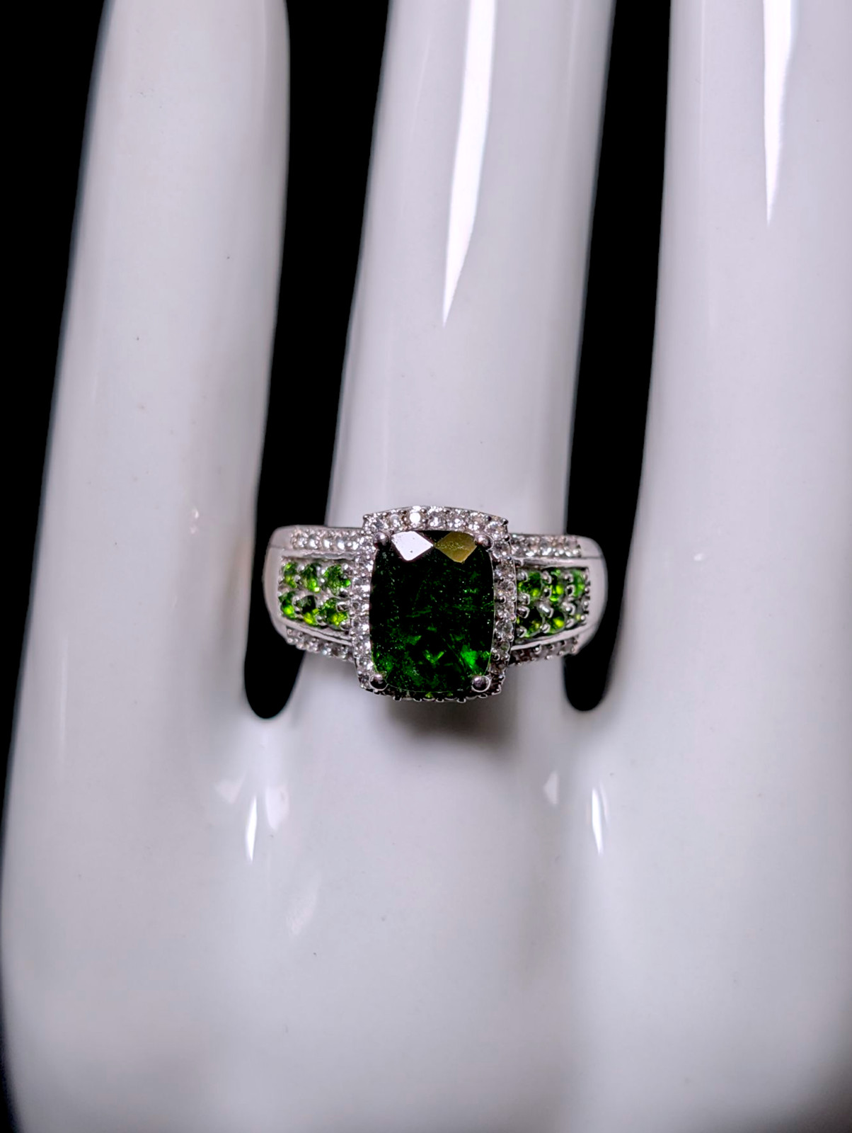 Vintage Radiant Cut Solitaire Emerald Green Genuine Chrome Diopside and White Zi