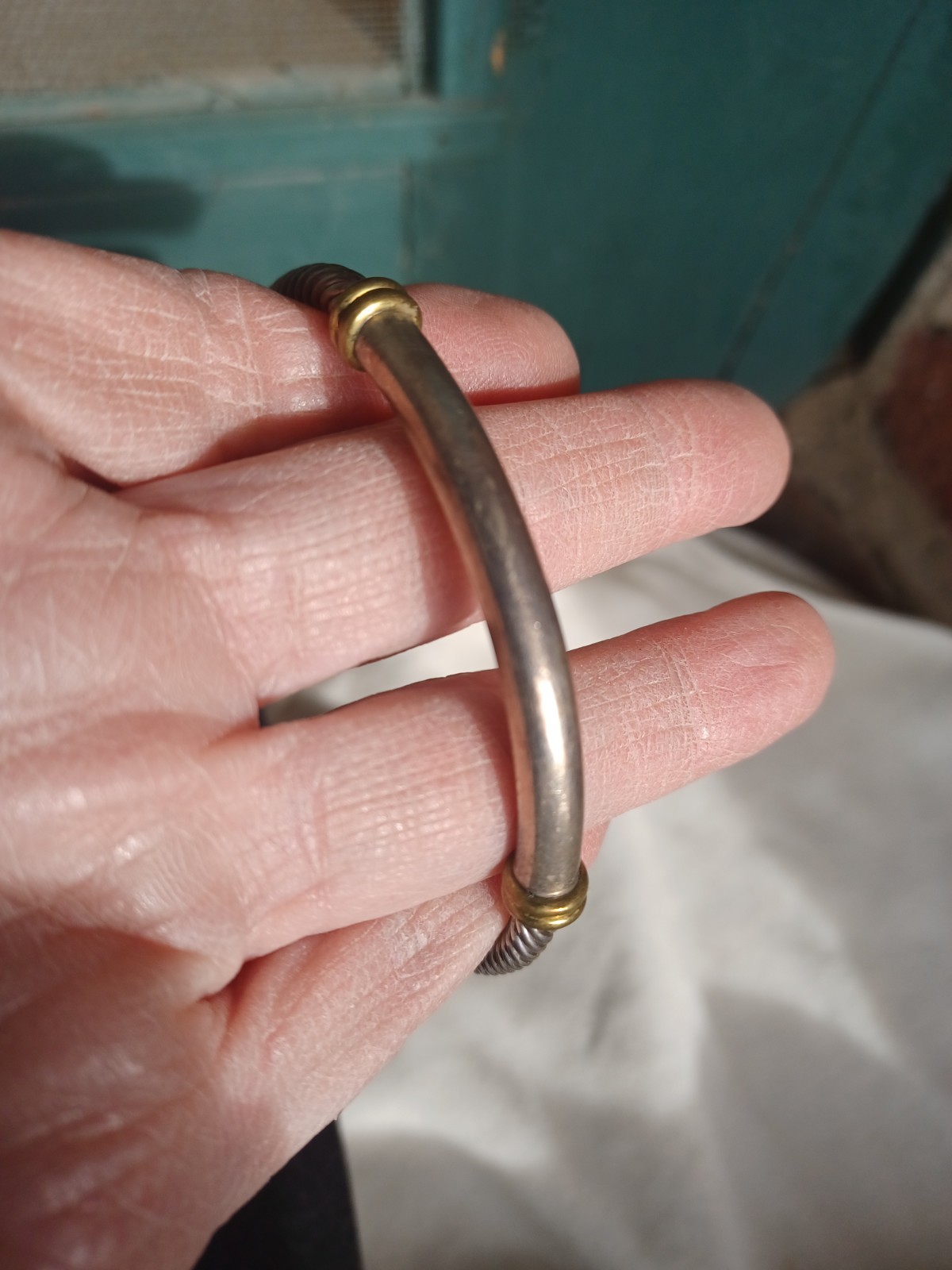 VINTAGE MODERNIST MEXICAN SILVER MIX METAL STERLING BANGLE CABLE BRACELET 20.4g