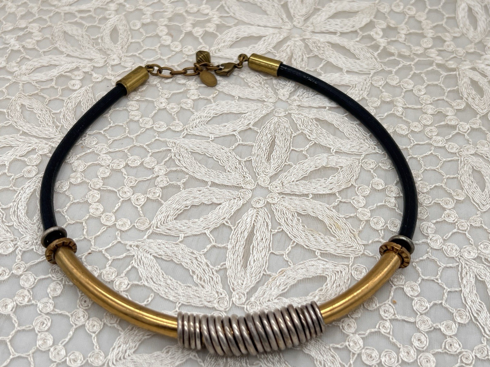 VTG Baer SF Necklace Leather Cord Gold Silver Tone Modernist Statement Jewelry