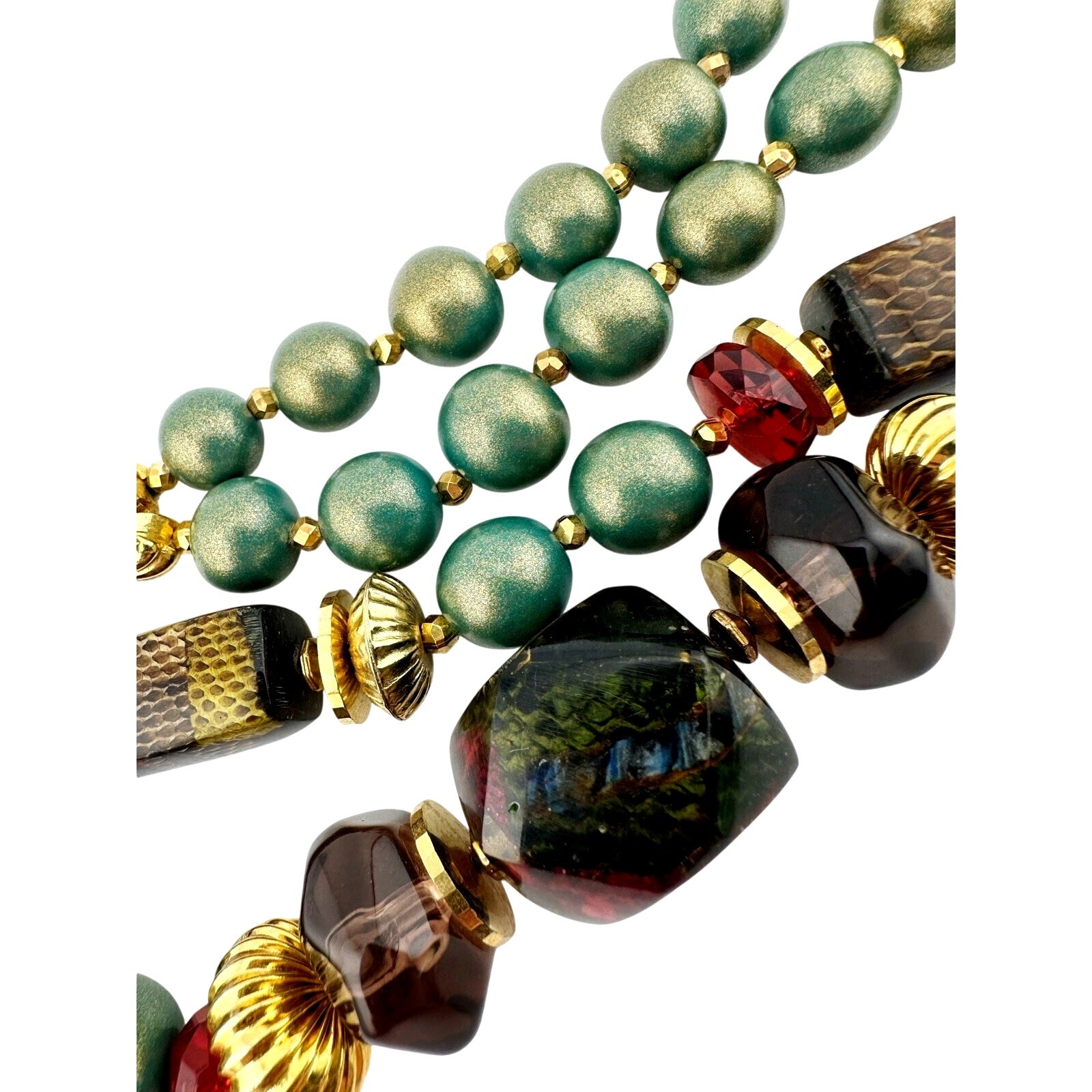 Vintage 1980s Bold Chunky Green Croc Print Crystal Acrylic 35” Necklace