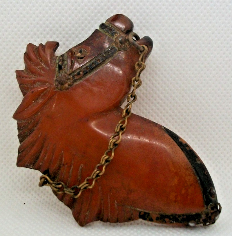 Vintage As Is – Carved Bakelite Brooch Pin – Redish Brown- HORSE Head w/Chain