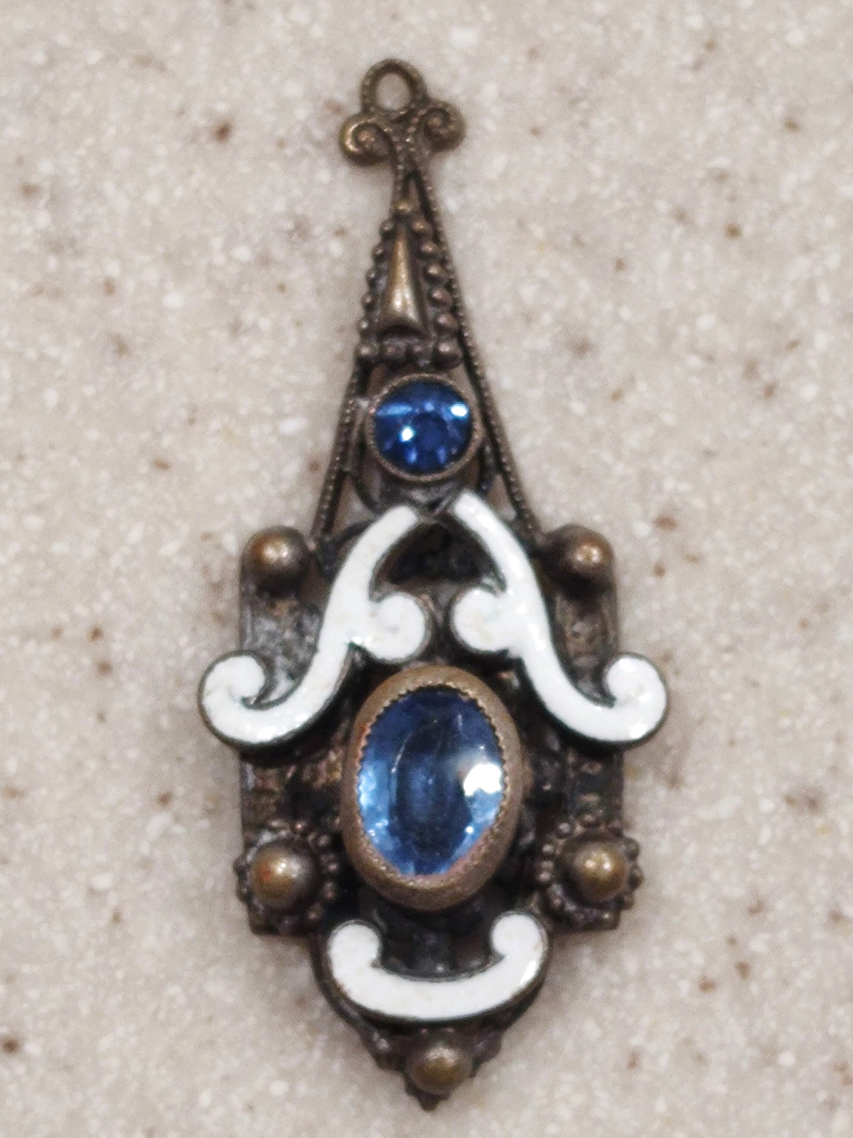 ANTIQUE CZECHOSLOVAKIA ENAMEL UNKNOWN METAL W/BLUE FACETED STONES PENDANT