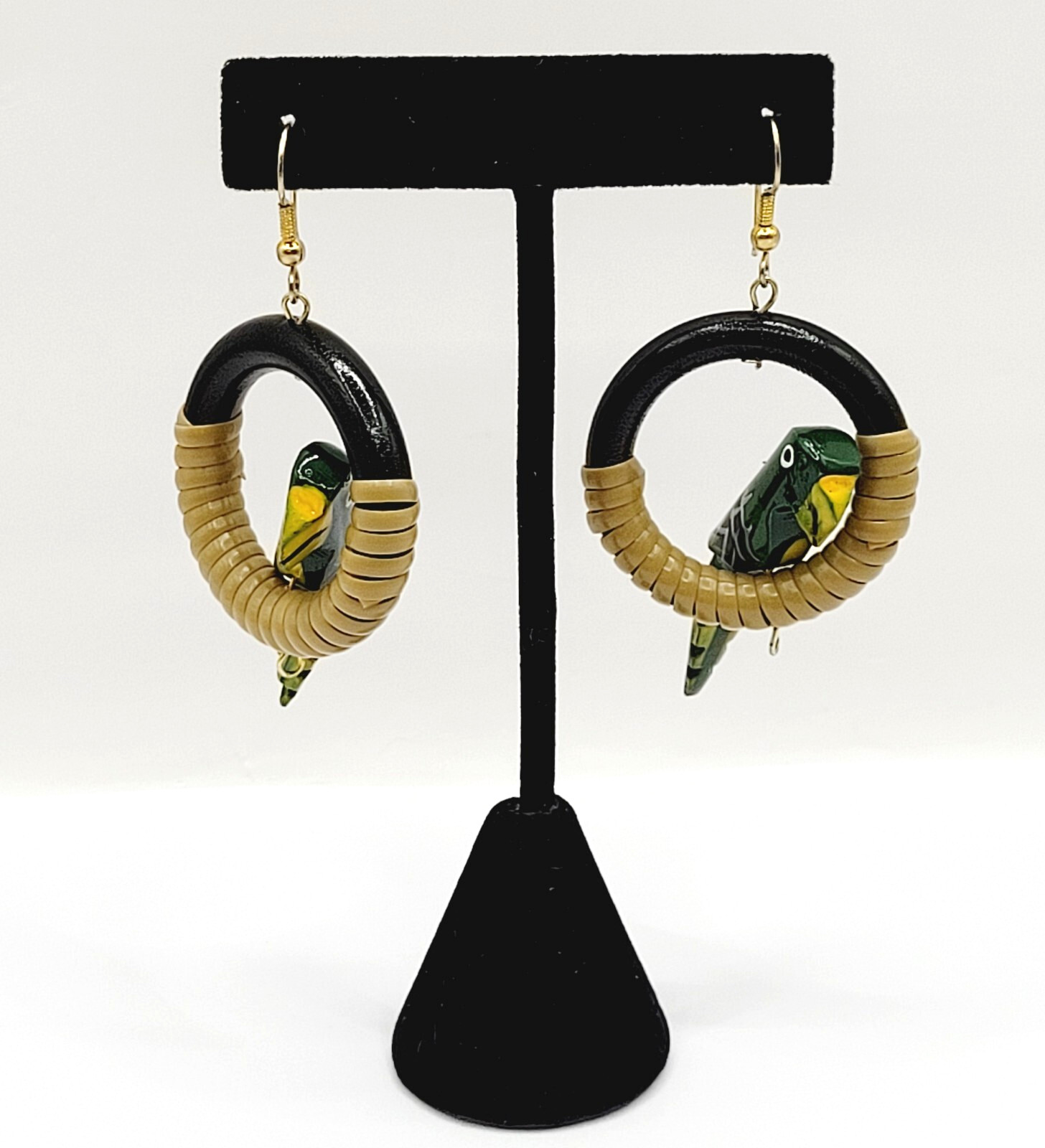 Parrot Macaw Tropical Hand Painted Carved Bird on Hoop Hook Pierced Vtg Earrings