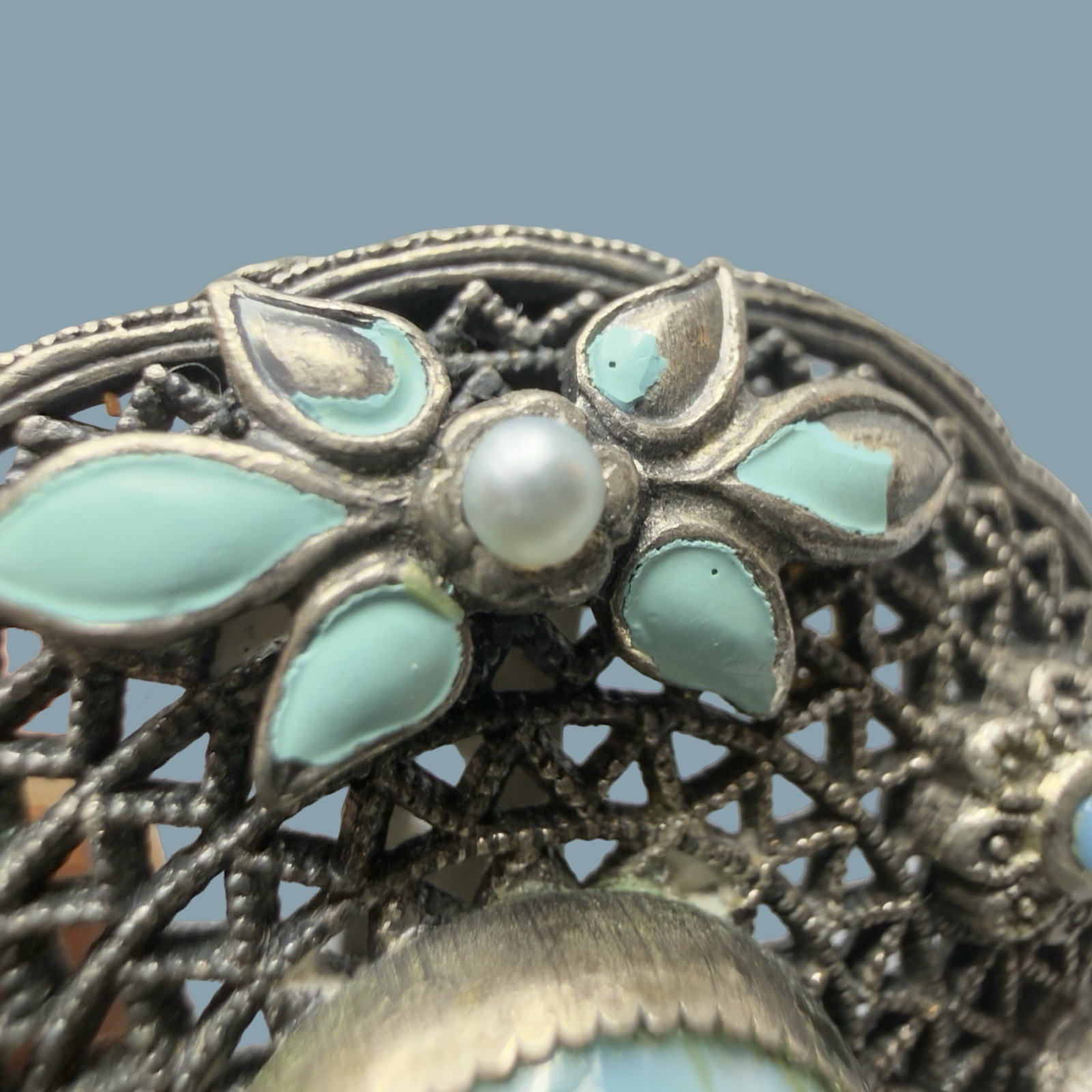Antique Czech Glass Filigree Enamel Turquoise Blue Fur Dress Clip Brooch NEIGER?