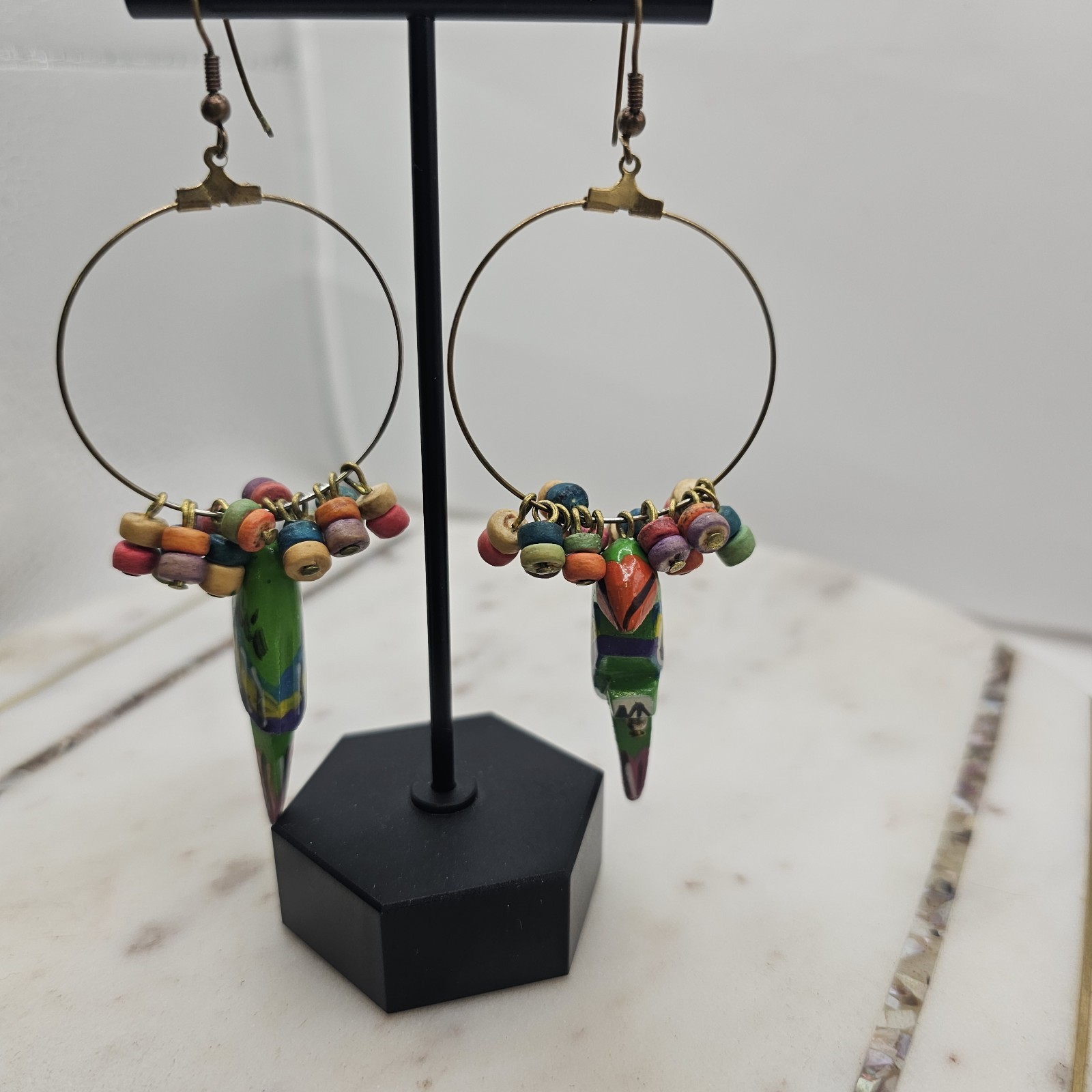 Vintage Parrot Hoop Dangle Earrings Colorful Wooden Beaded Boho Kitsch Whimsical