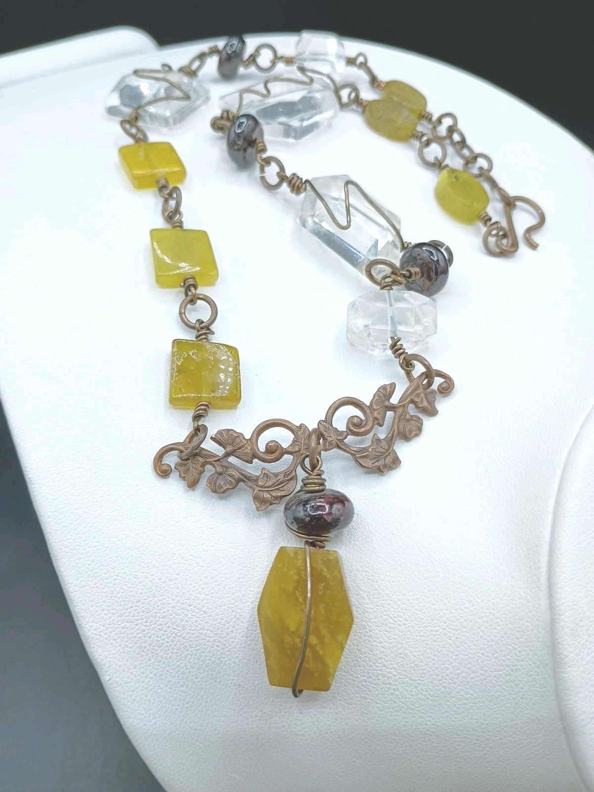 Gem Stone Necklace Copper Wire Wrap Fat Quartz Yellow Rock Floral Artisan
