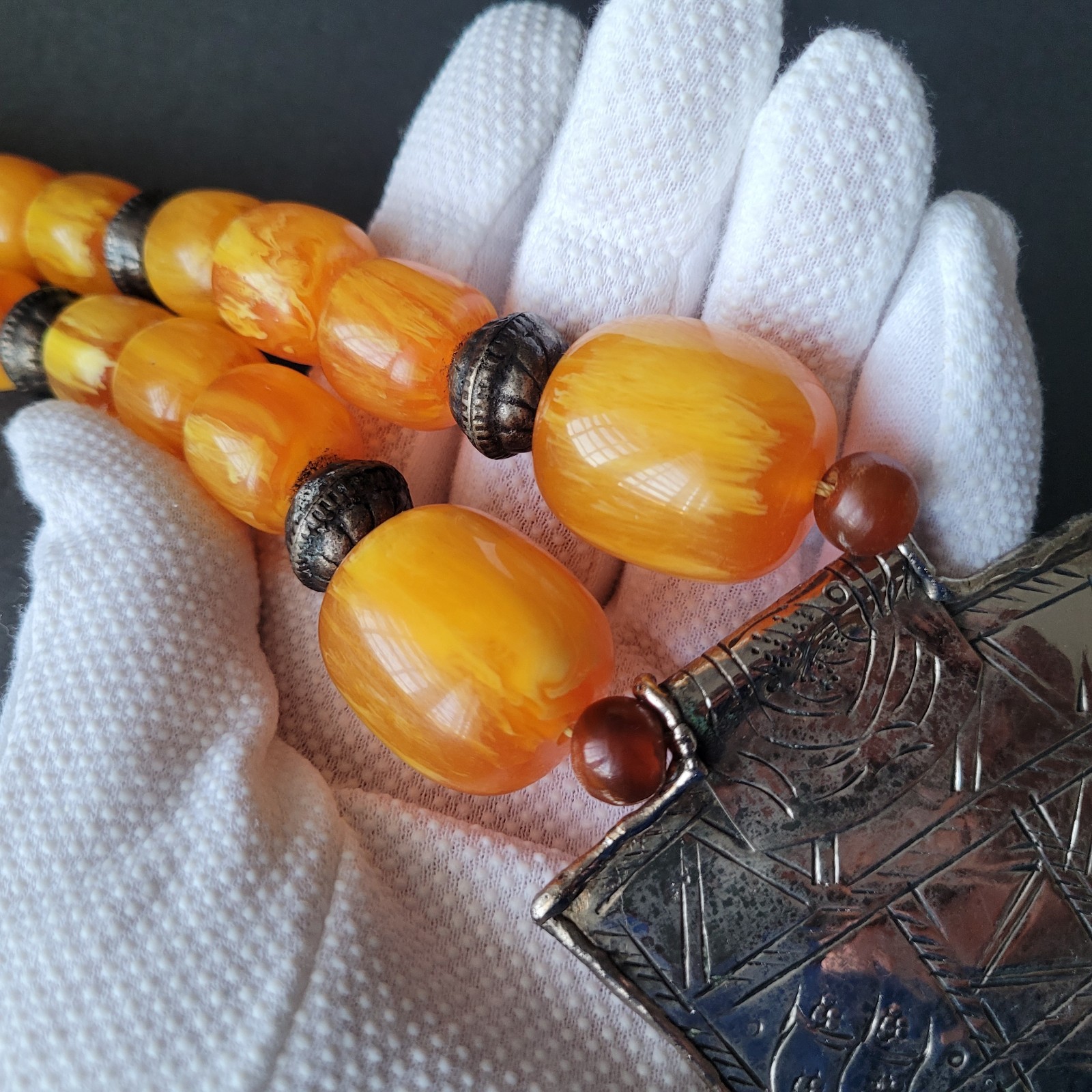 Vtg Pressed Amber Resin ? Prayer Beads Necklace Silverplate Pendant Moroccan