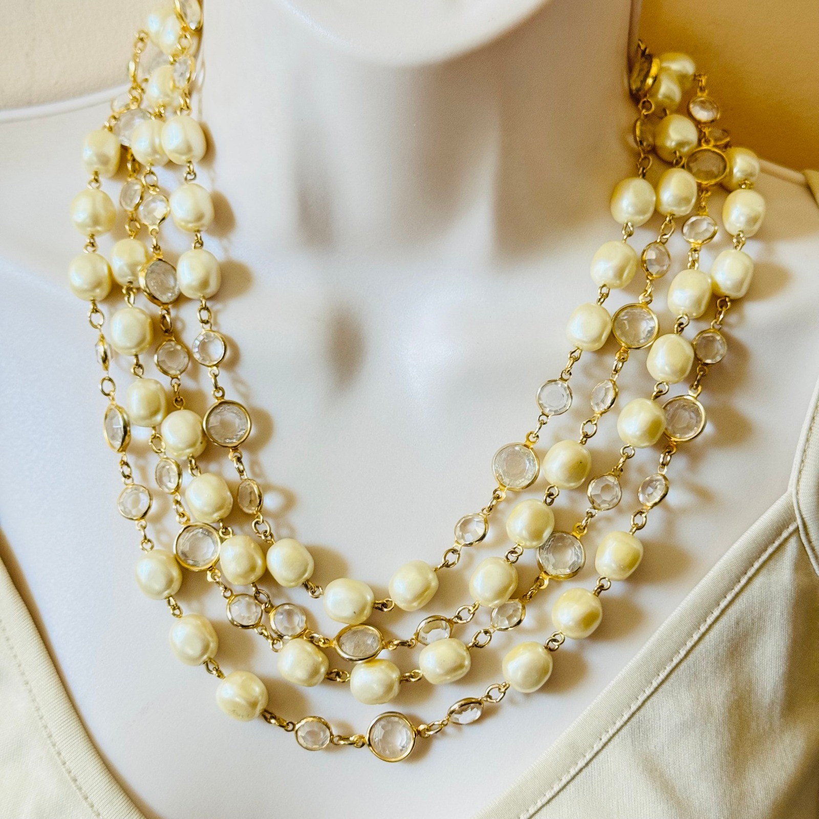 VTG Regal Baroque Pearl Multi Bib Necklace Crystal Acrylic 4 Strand Gold Luxury