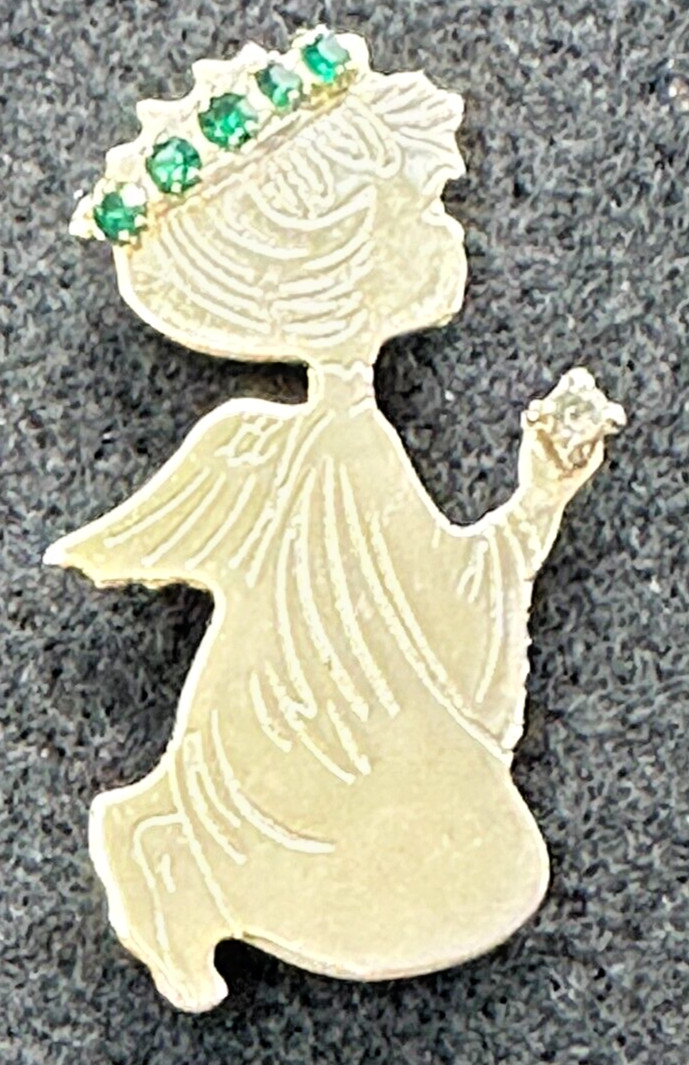 Praying Angel Etched Silver Tone May Green Birthstone Rhinestone Halo Brooch Pin