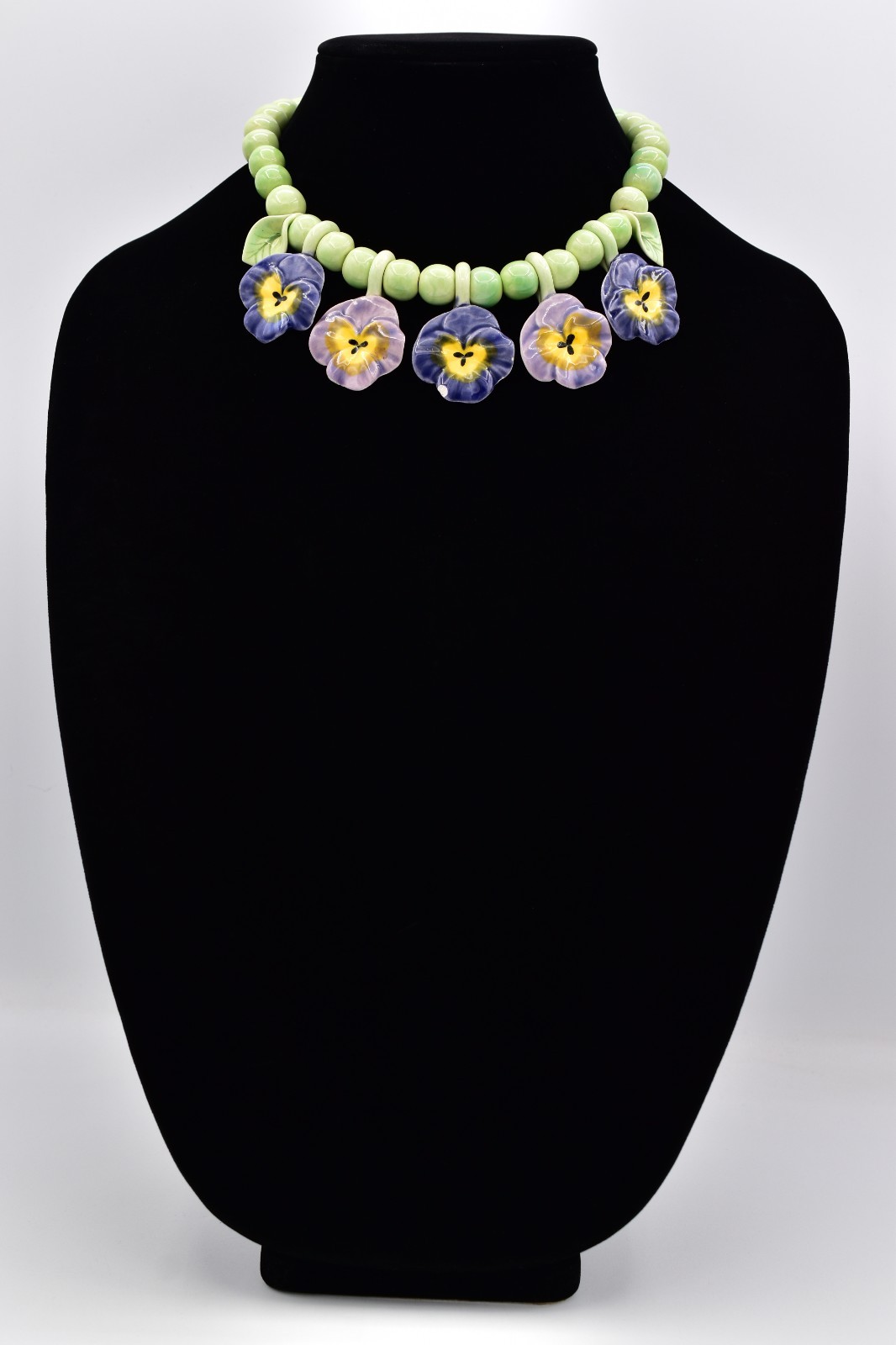 Flying Colors Vintage Pansy Flower Necklace Ceramic Beaded Floral Collar Choker
