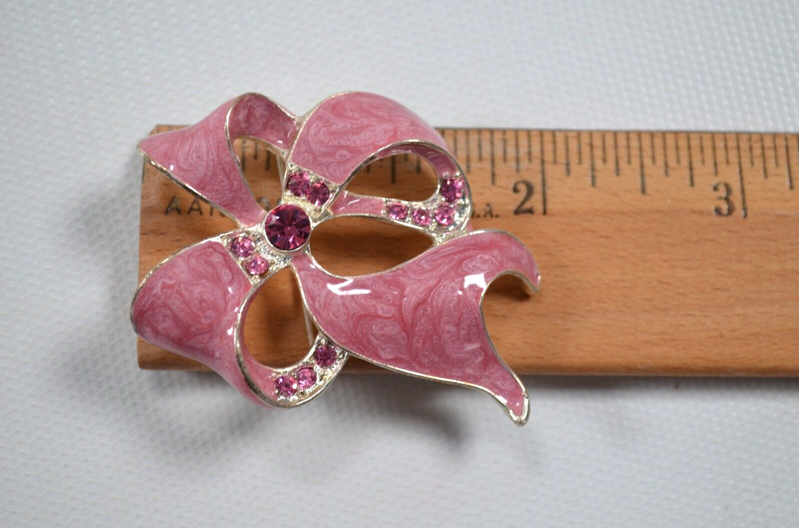 Vintage Ribbon Bow Pink Swirl Enamel Coated Brooch Pink Rhinestones