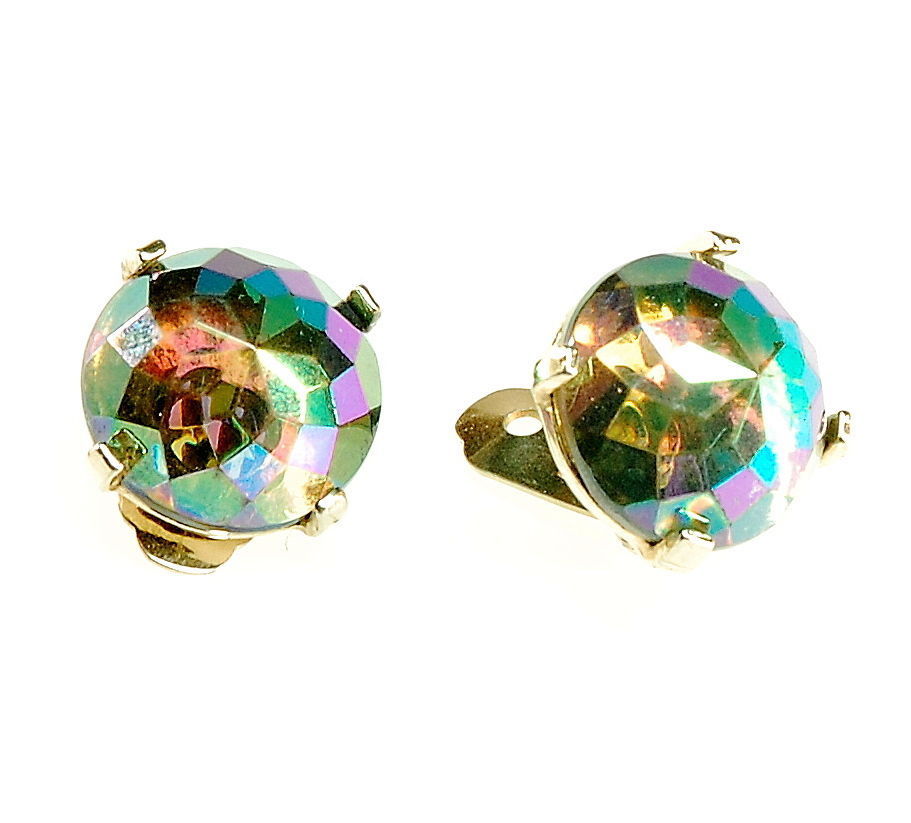 VTG SIGNED ZENTALL FACETED AB SMOKE TOPAZ GLASS EARRINGS C.1950