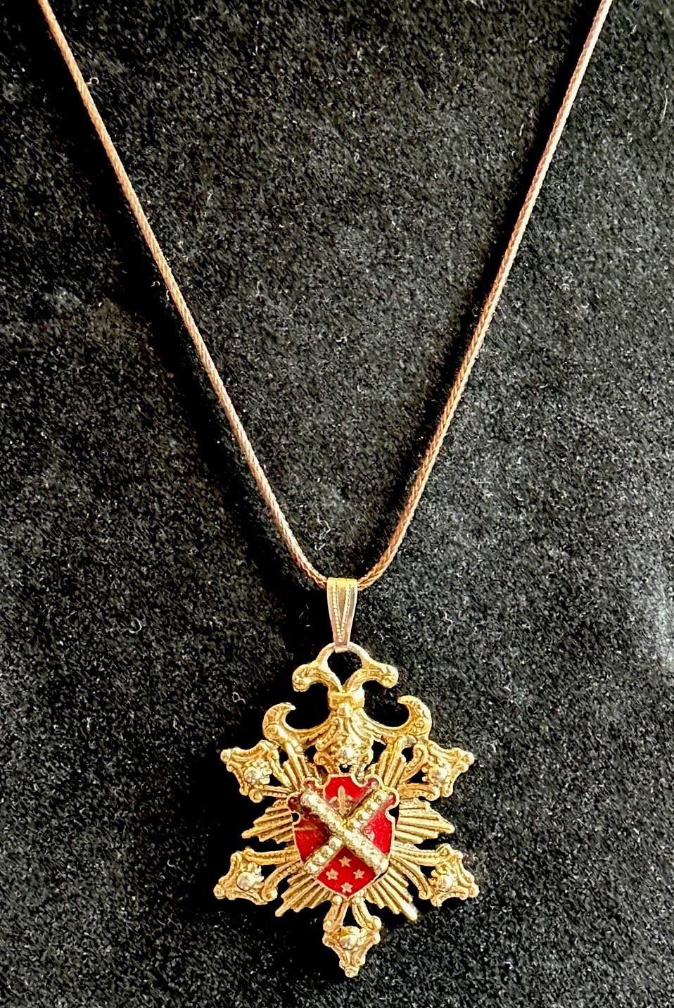 Vintage Coat Of Arms Pendant On A Brown Modern Cord Necklace Gold Tone With Red