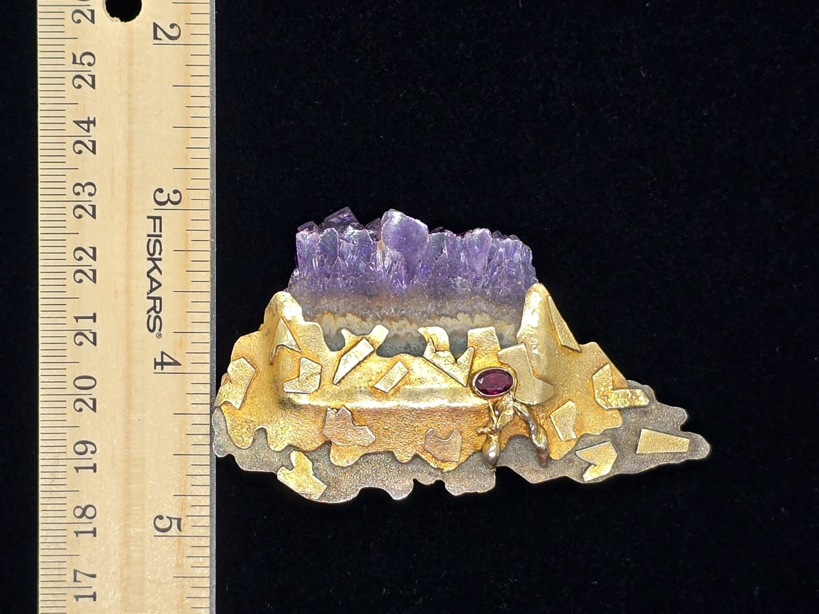 Large Vtg Artisan Sterling Silver Amethyst Geode Gemstone Brooch Pin