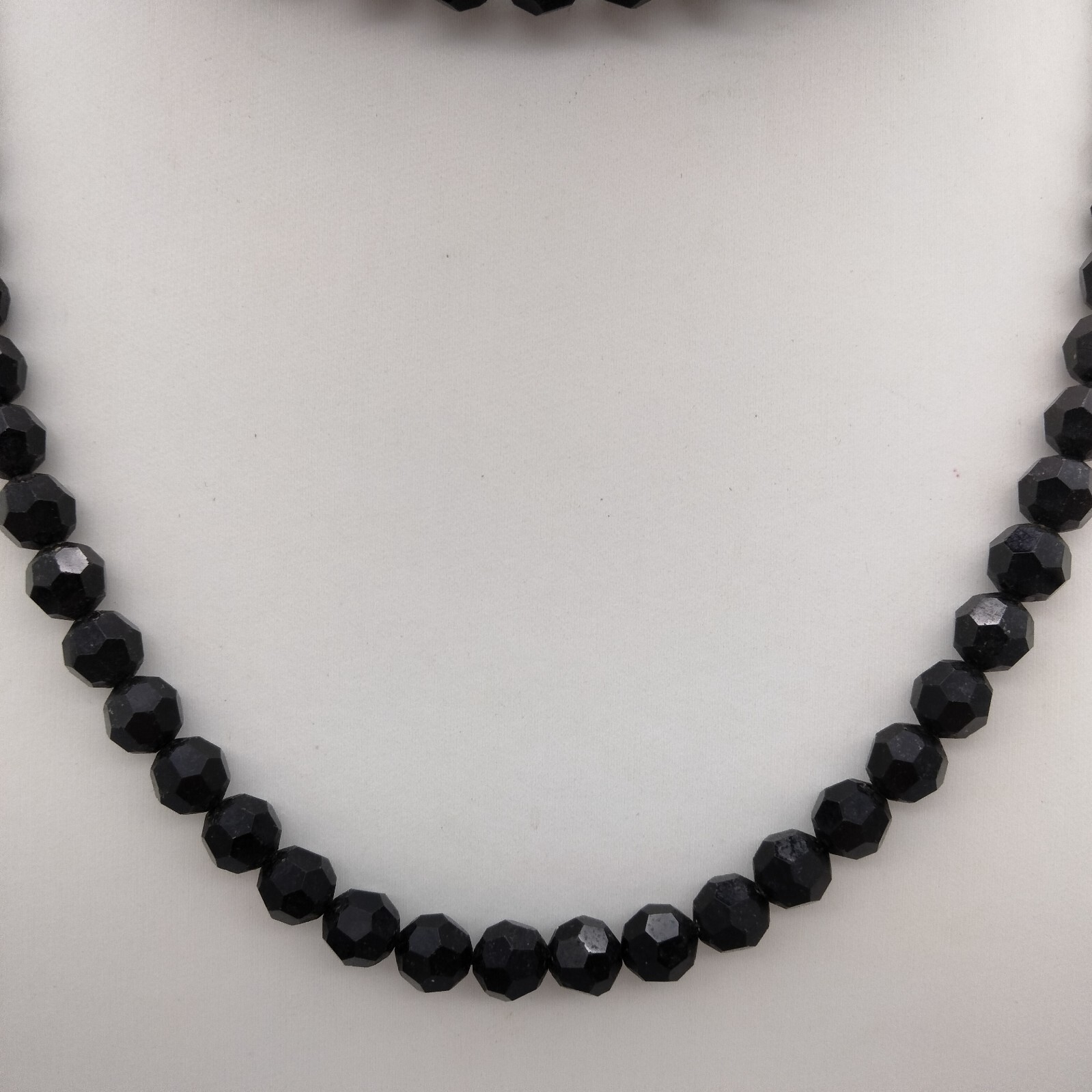Gothic Goth Black Faceted Glass Mourning Beads 32″ Necklace Vintage Ornate Clasp