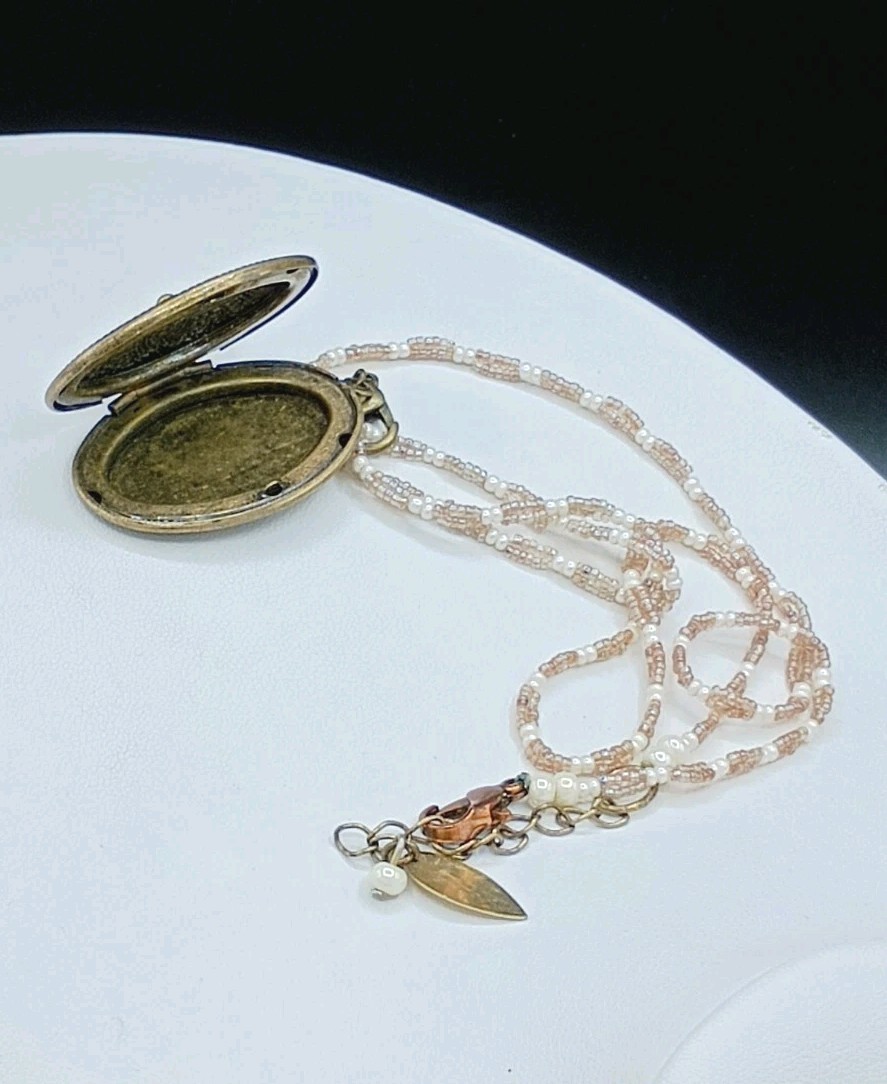 Vintage Coldwater Creek Celtic Cross Locket Necklace Seed Bead Faux Pearl