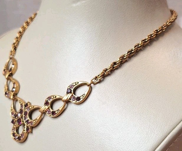 VTG Rosegold CopperTone Link Chain Necklace Princess Purple Lavender Crystals