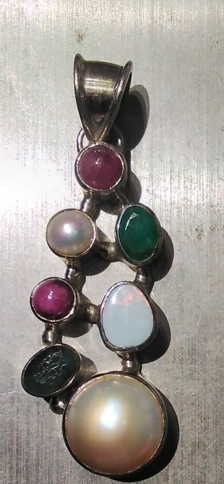 Unique Sterling Silver Opal Ruby Emerald Pearl One Of A Kind Pendant w Chain