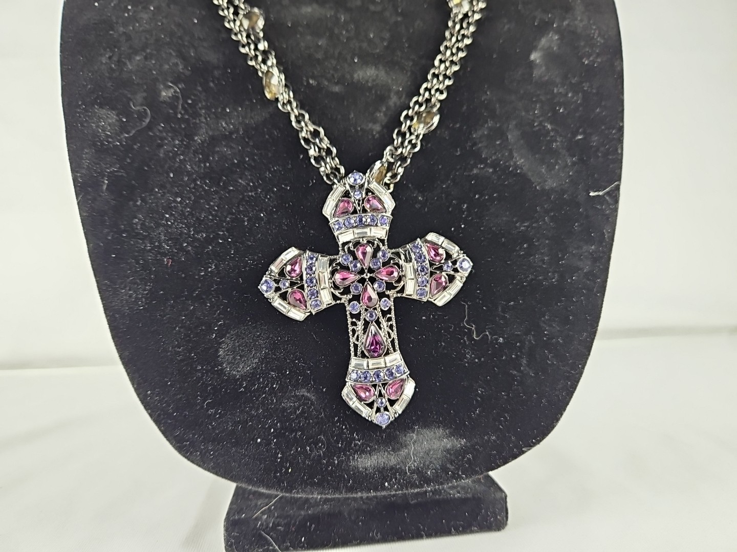 Real Collectibles by Adrienne Purple Crystal Gemstone Cross + 50″ Necklace VTG
