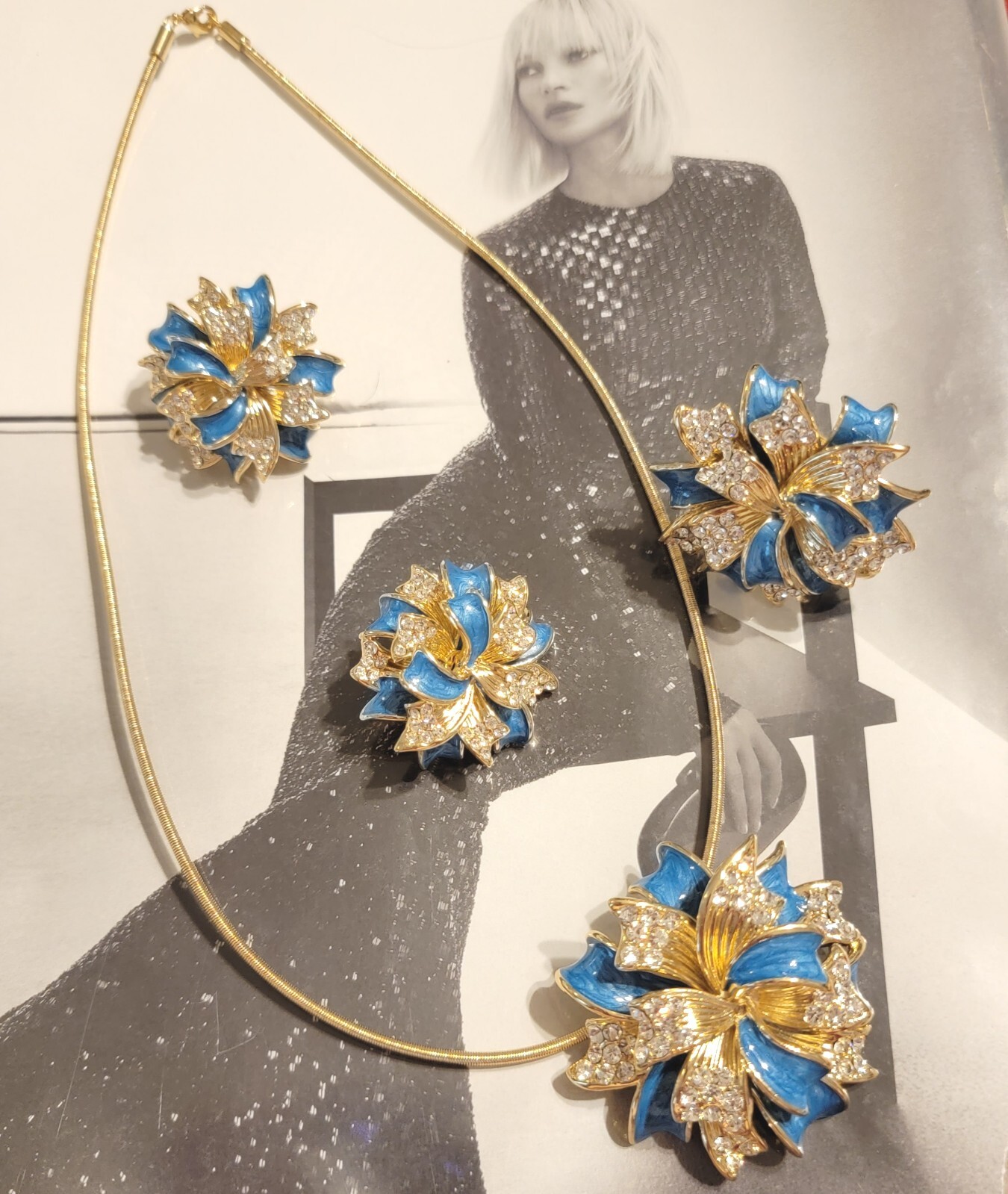 Retired Joan Boyce Flower Necklace Brooch Earrings Ring Jewelry Set, Rare js-