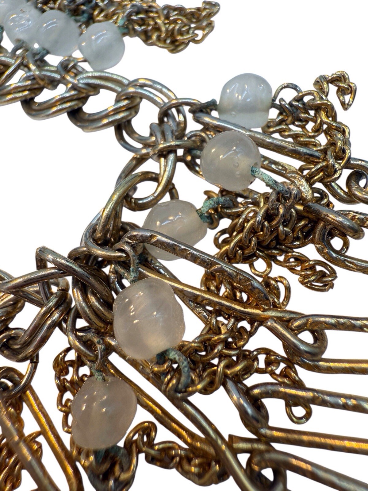 Bead Fringe Bib Necklace 1970s Cuban Link Chain Tassels Frosted Glass Gold T. WB