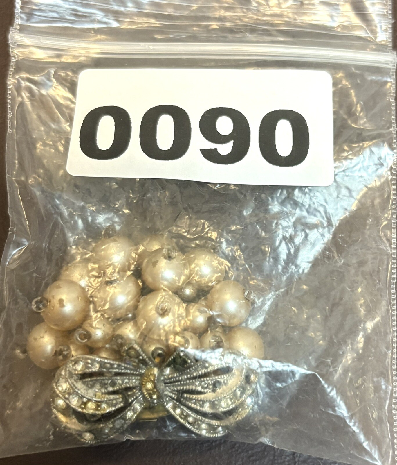 VTG Early Unsigned Haskell Dress Clip Bow Faux Pearl Rhinestone Silver Tone READ