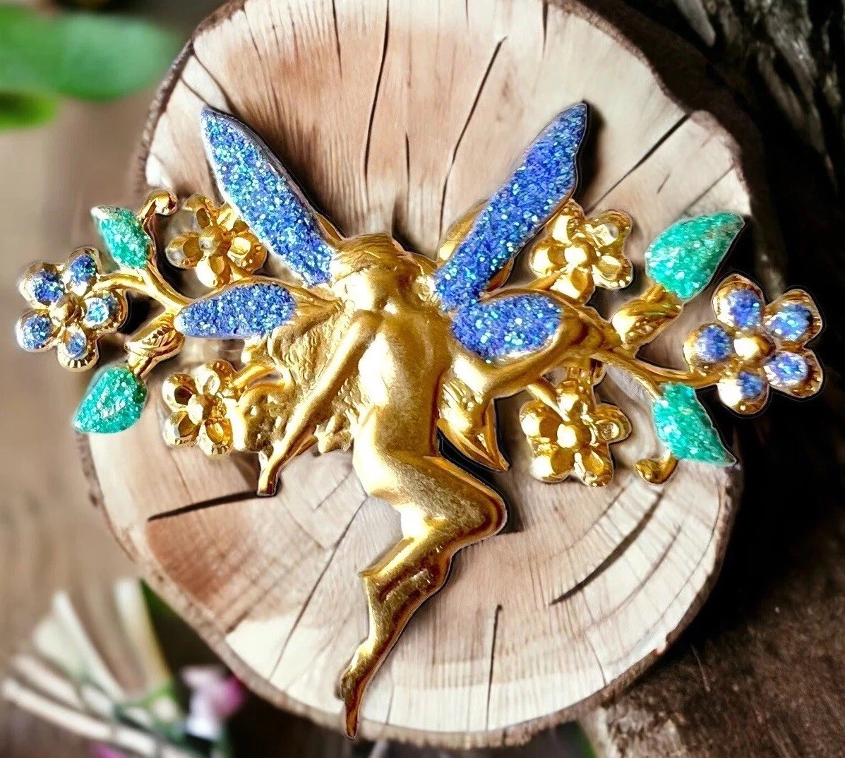 Fairy Brooch Gold Tone Pixie Pin Sparkling Flowers Vintage Whimsical