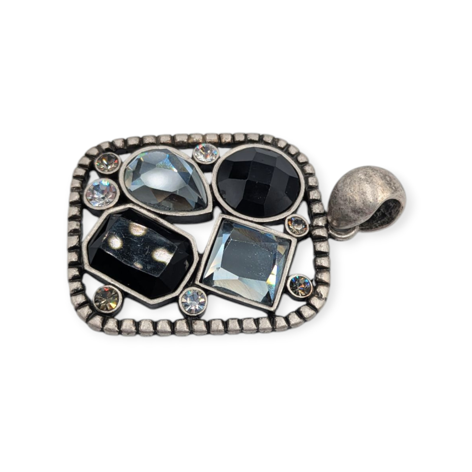 Lia Sophia Grey Gray & Black Rhinestone Silver Tone Square Pendant 2″ x 1.25″