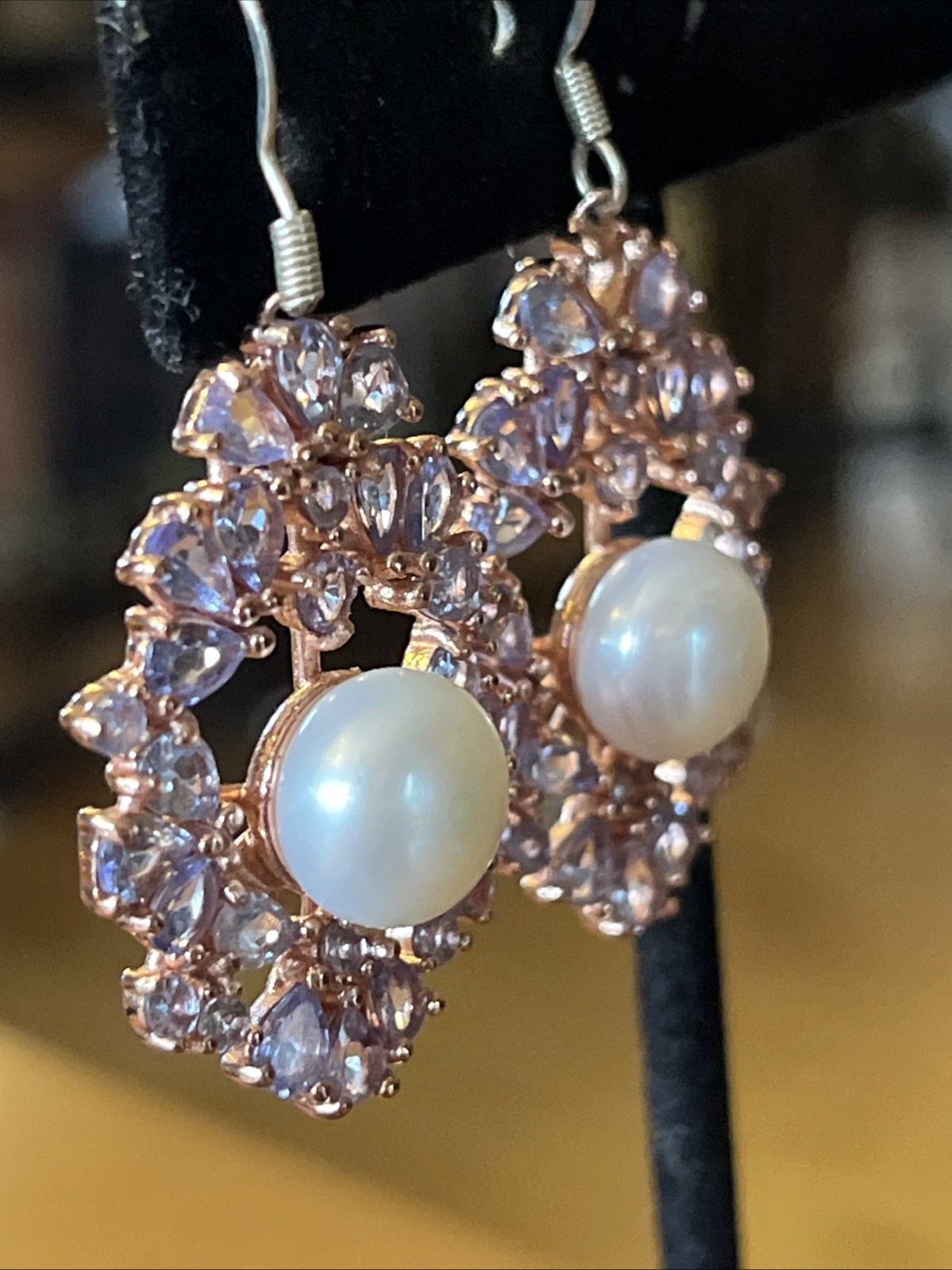 Vintage Tanzanite Real Pearl Dangle Drop Earrings 925 Wire Pierced 1.75” Classic