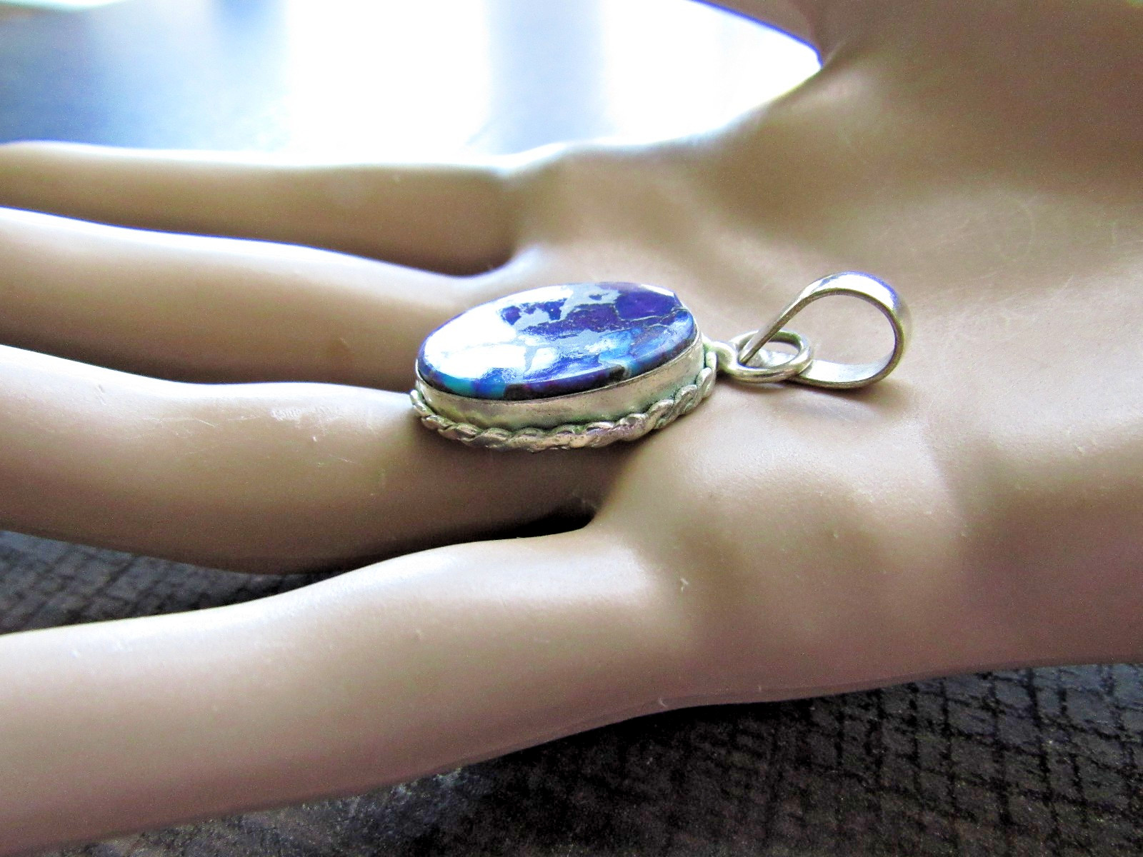 Vintage Silver Pendant Purple & Blue Turquoise Stone Bezel Set Flat Cabochon