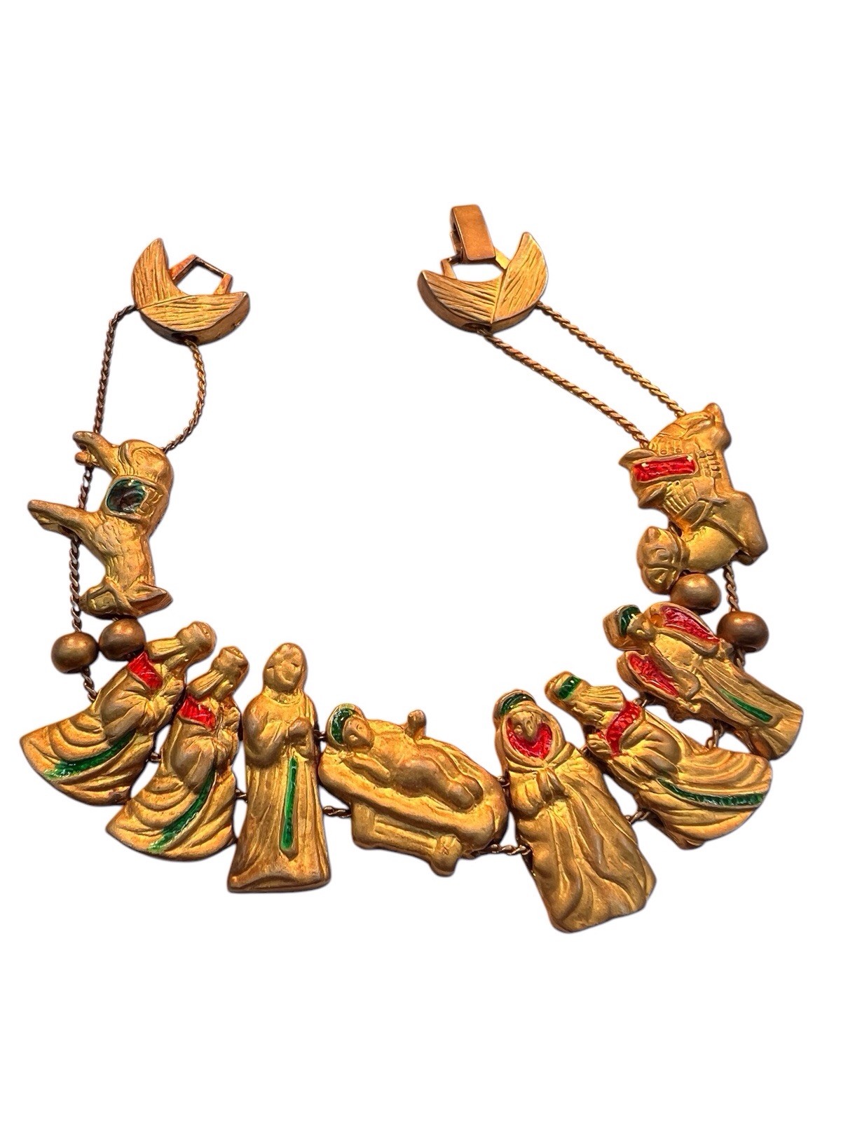 Christmas Nativity Gold-Tone Enamel Charm Slide Bracelet Signed Two Sisters WB