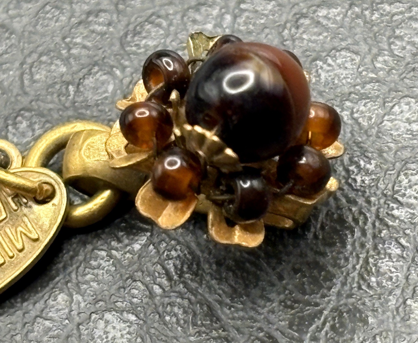 VTG Miriam Haskell Gold Tone Brown Bead Cluster Hook Clasp Tag For Repairs