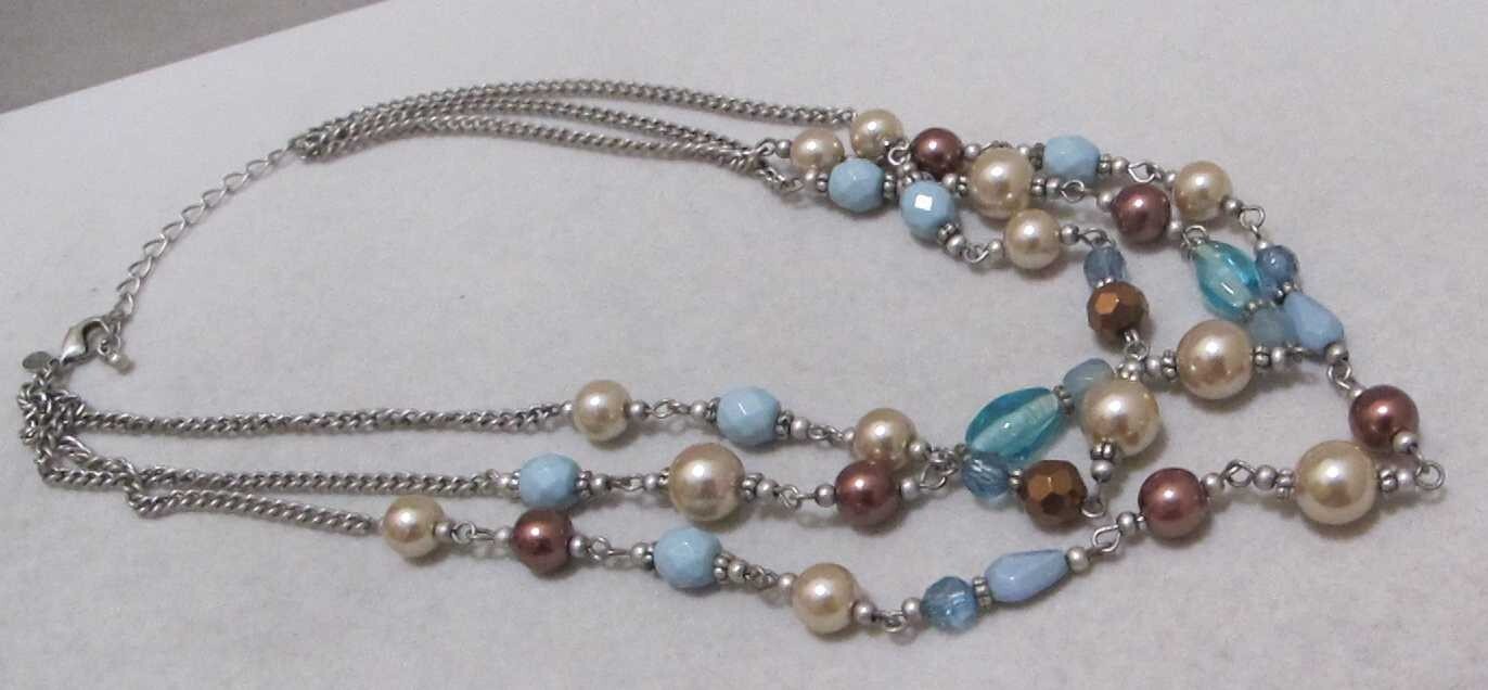 Vtg PREMIER DESIGNS 3-Strand White & Brown Faux Pearls Aqua Beads Necklace