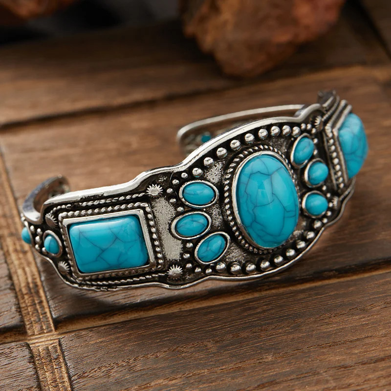 Women’s Vintage Bohemian Jewelry Cuff Bracelet with Faux Turquoise Opening