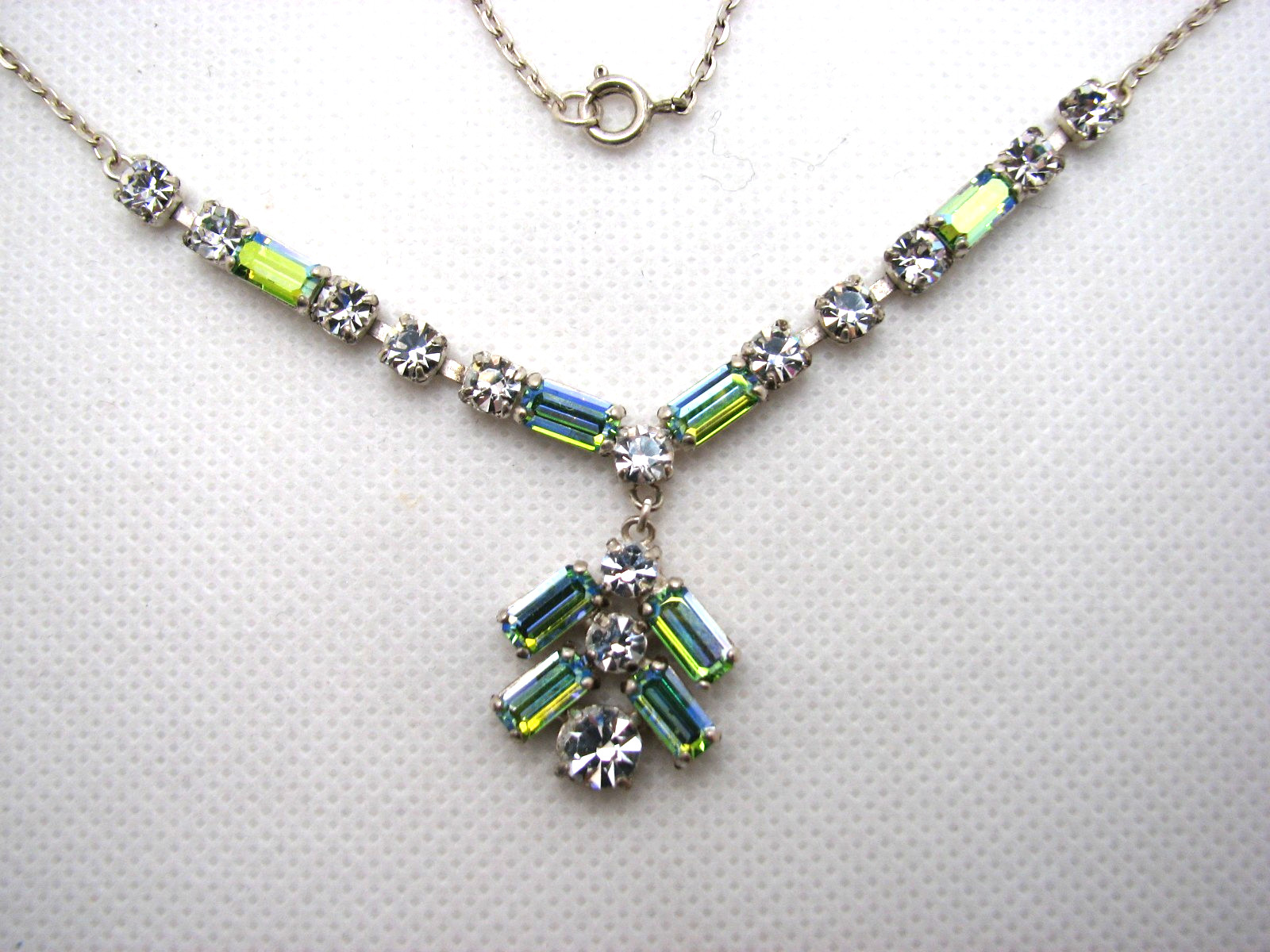 Vintage Green Baguette Rainbow Glass & Clear Rhinestone MCM Necklace Silver Tone