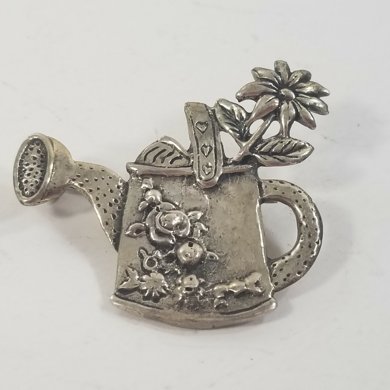 Gardeners Water Pitcher Pail Bucket Spout Brooch Pin flowers pitcher signed