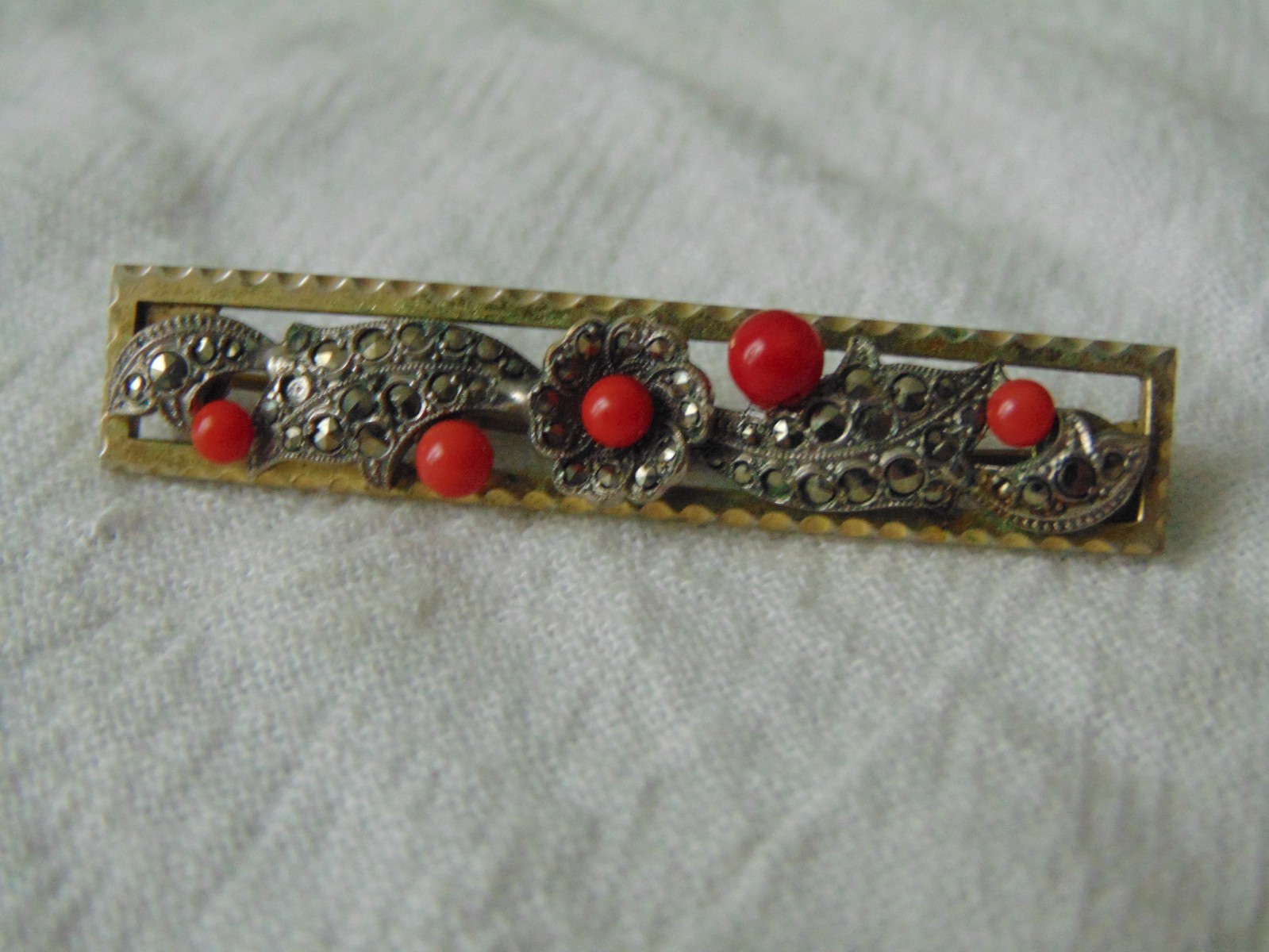 antique Victorian genuine Coral beads Marcasites sparkling rectangular brooch