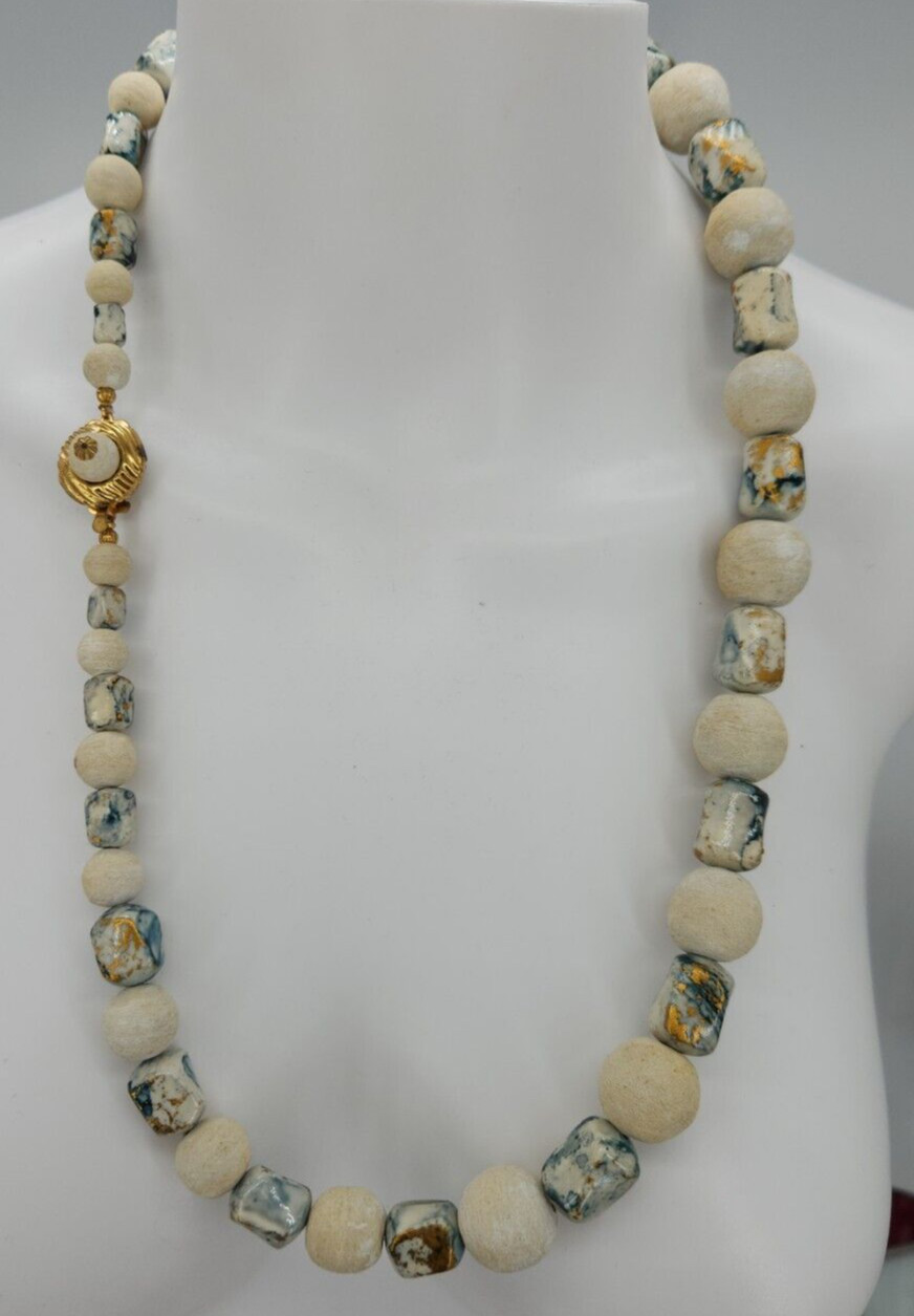 Vintage Clay Bead Chunky Blue Gold Fleck Stone Gold Tone Box Tab Clasp Necklace
