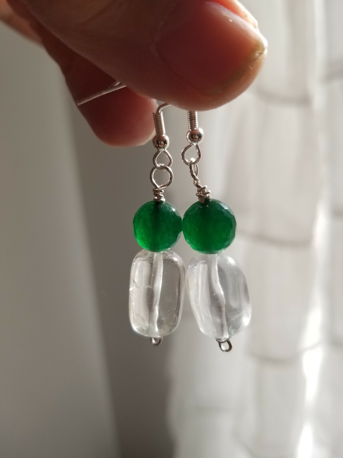 QUARTZ “Pool Of Lights” and Green GEMSTONE Earrings, 925 wires