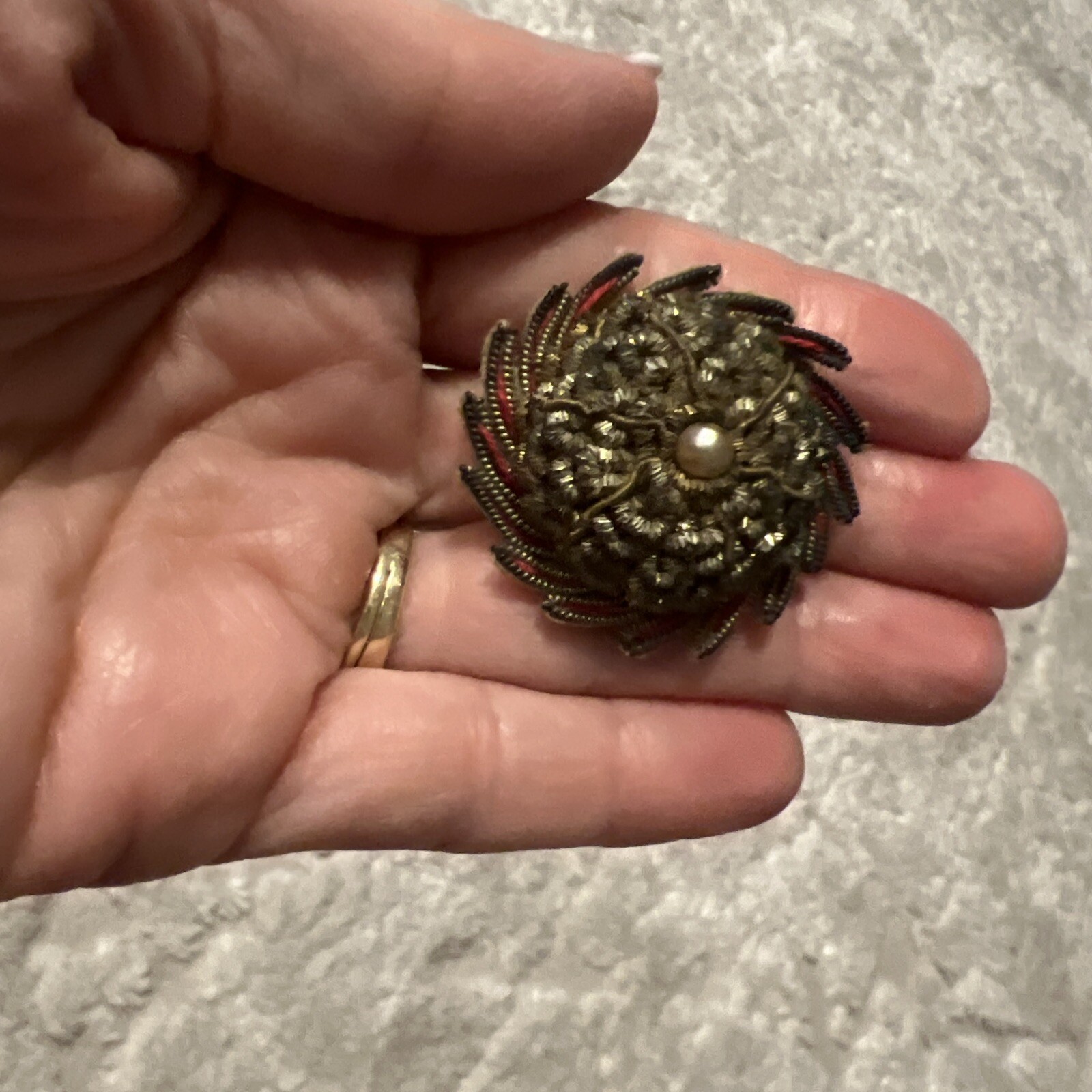 Antique Broche Gold Red Pearl Handmade -Read-