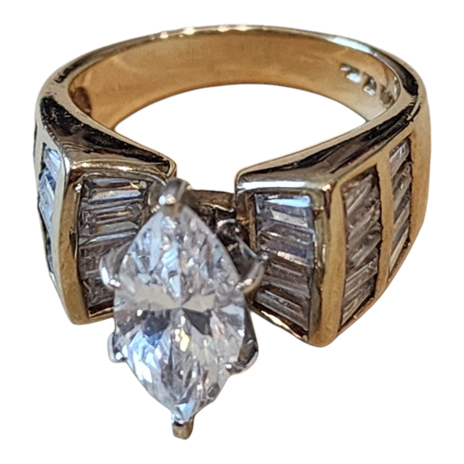 Sterling Silver Gold Vermeil Cubic Zirconia Marquise Cut Cocktail Ring Size 7.75