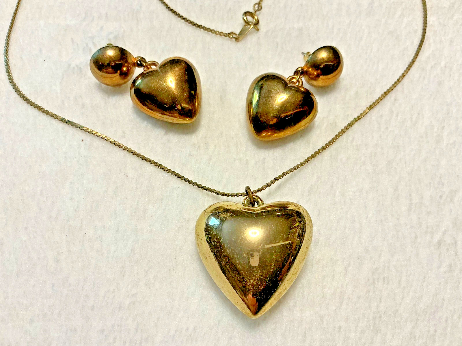 Vintage Gold Tone Puff Heart Earrings and Pendant with Chain