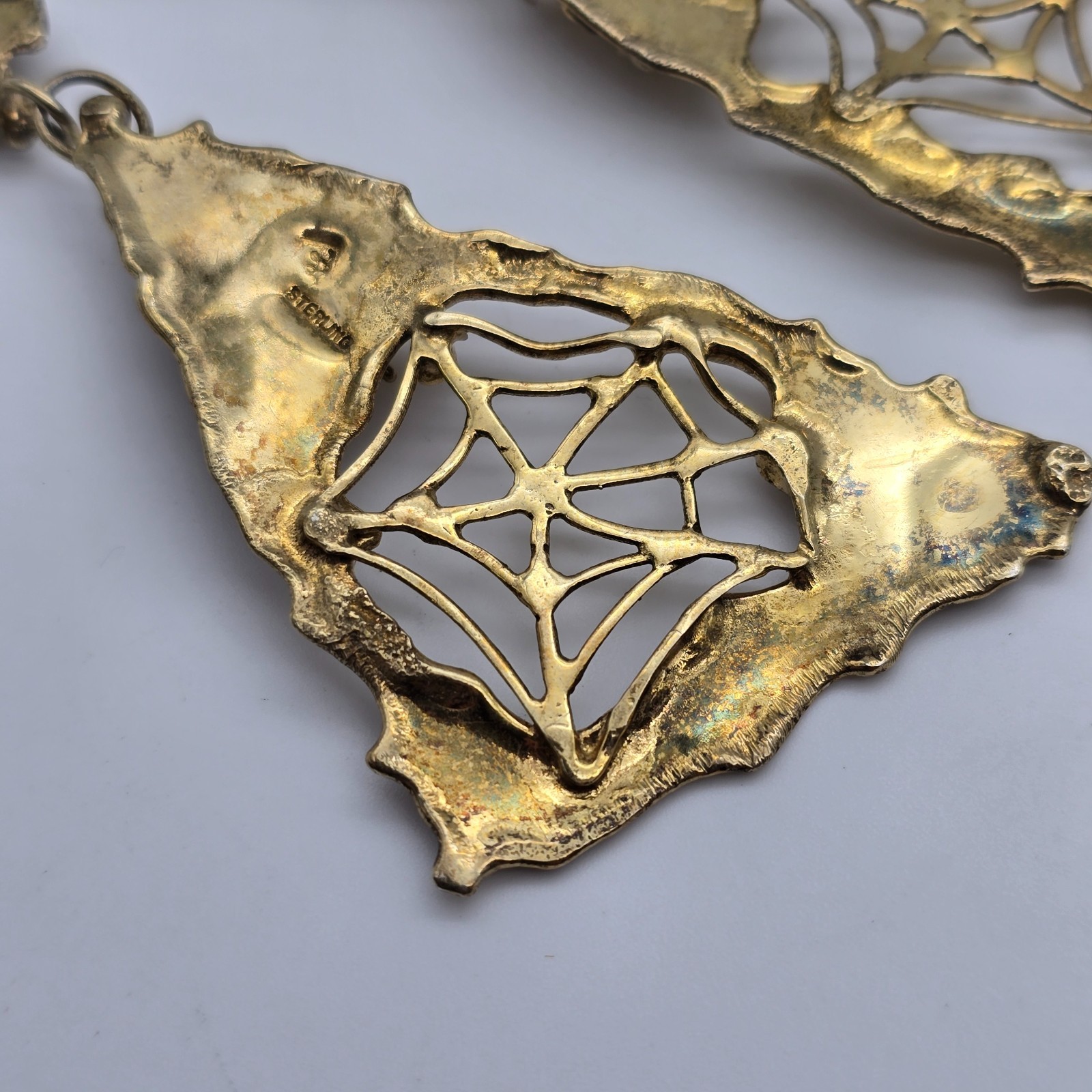 VTG Abstract Brutalist Spider Web Gold over Sterling Pearl Pendant Earrings Set